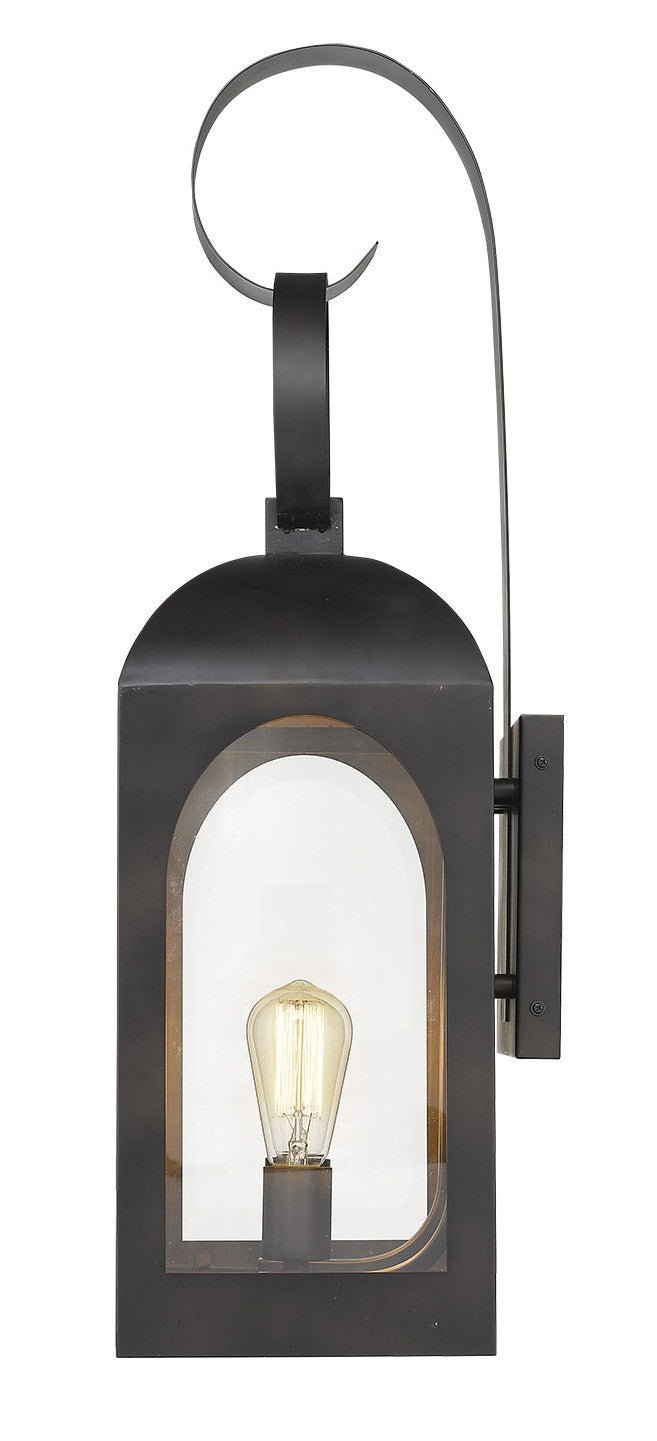 Side view of the lighted Madigan Oil-Rubbed Bronze Outdoor Wall Lantern with Dual Bulbs and Carriage Design