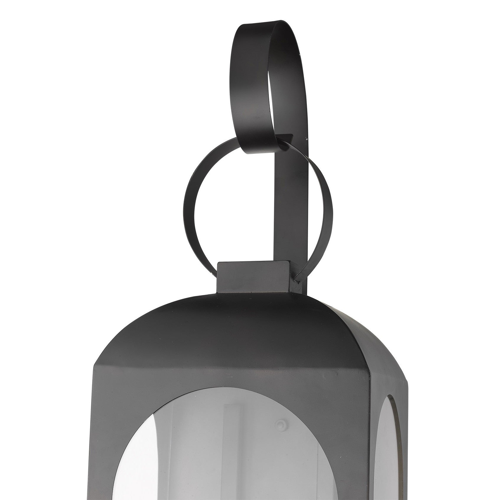 Zoomed in view of the hook arm, ring and top of lantern of the Madigan Oil-Rubbed Bronze Outdoor Wall Lantern with Dual Bulbs and Carriage Design