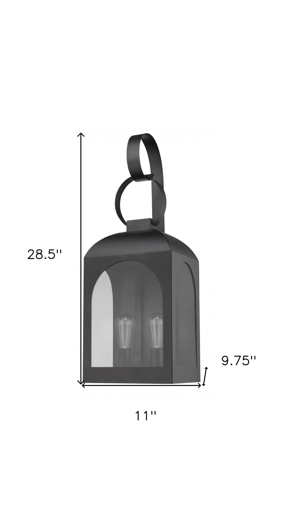 Madigan Oil-Rubbed Bronze Outdoor Wall Lantern with Dual Bulbs and Carriage Design shown with dimensions of 28 point 5 inches high by 11 inches wide by 9 point 75 inches deep