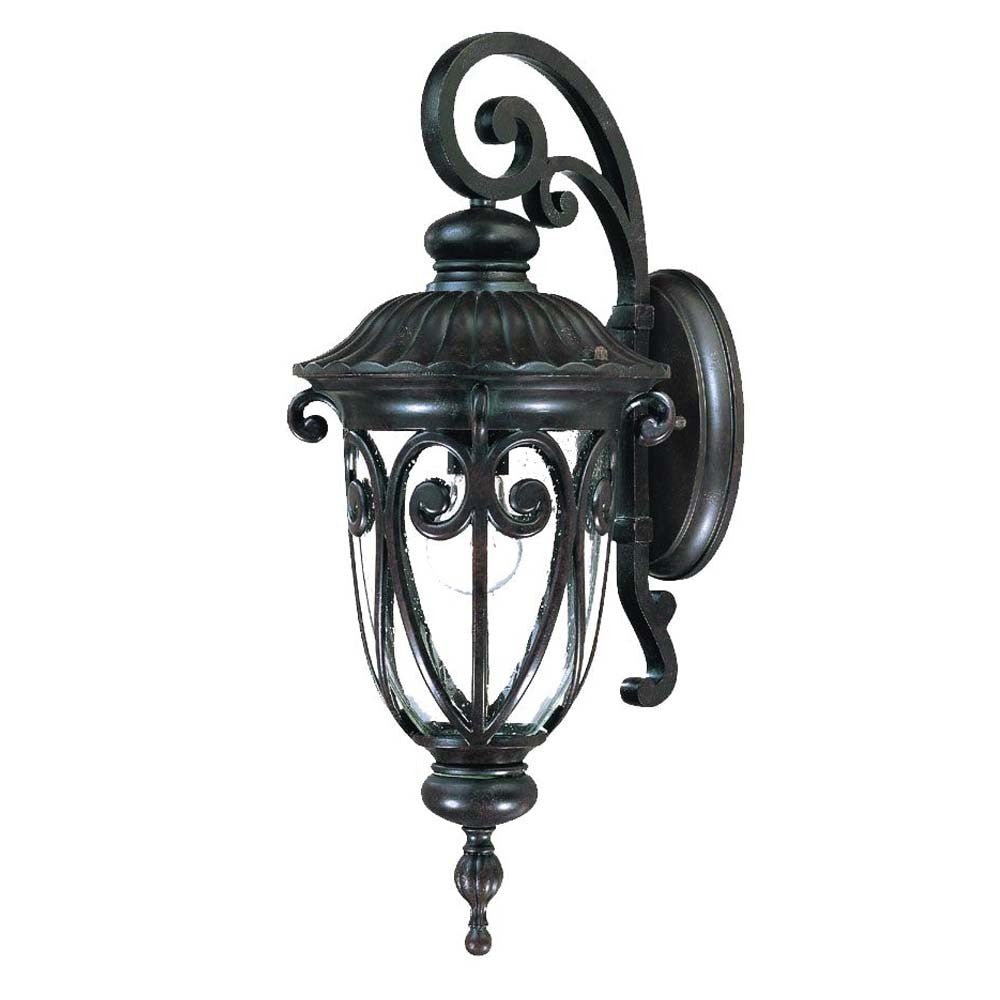 Right side angled view of the Naples marbleized black outdoor wall light with ornate scrollwork and seeded glass panels