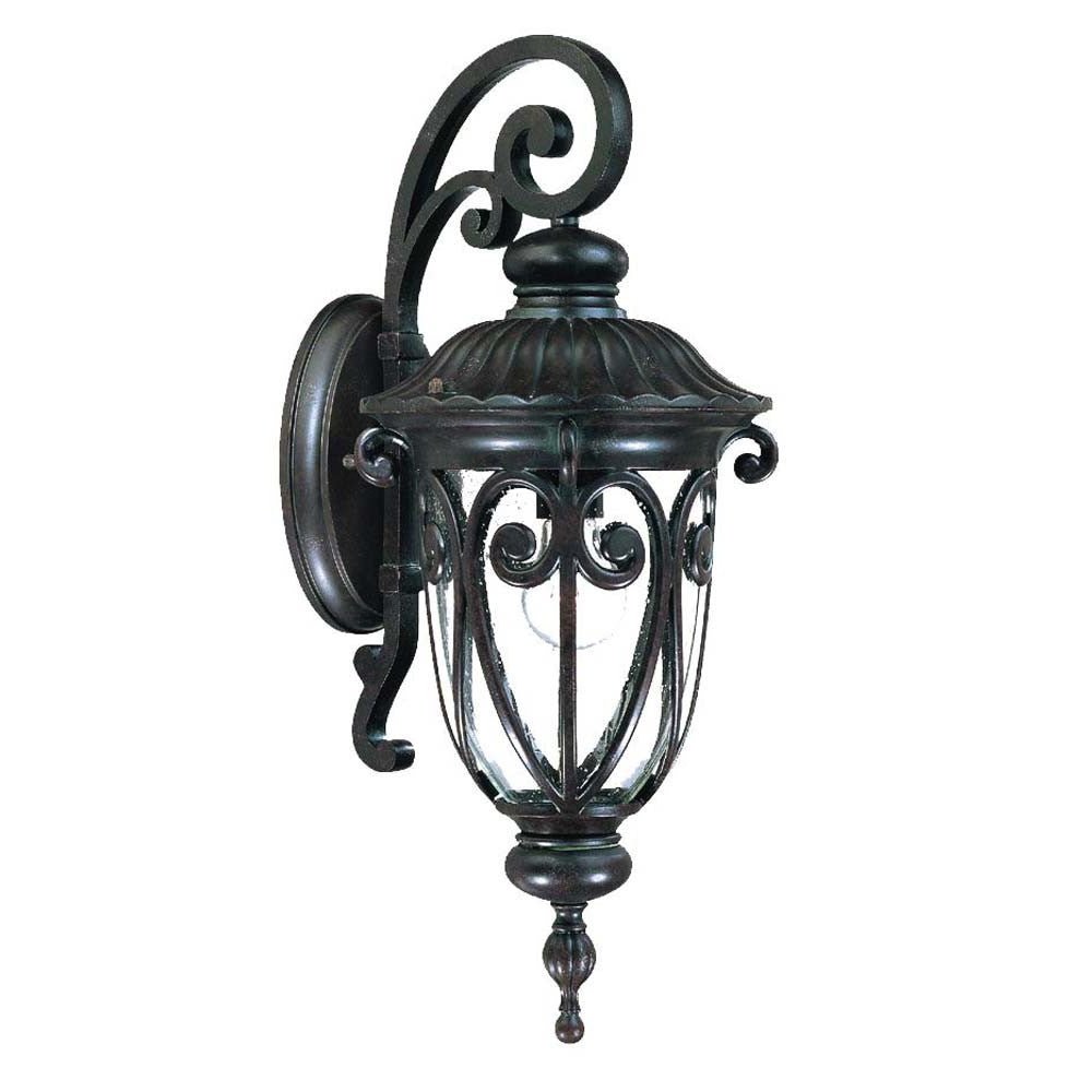 Left side angled view of the Naples marbleized black outdoor wall light with ornate scrollwork and seeded glass panels