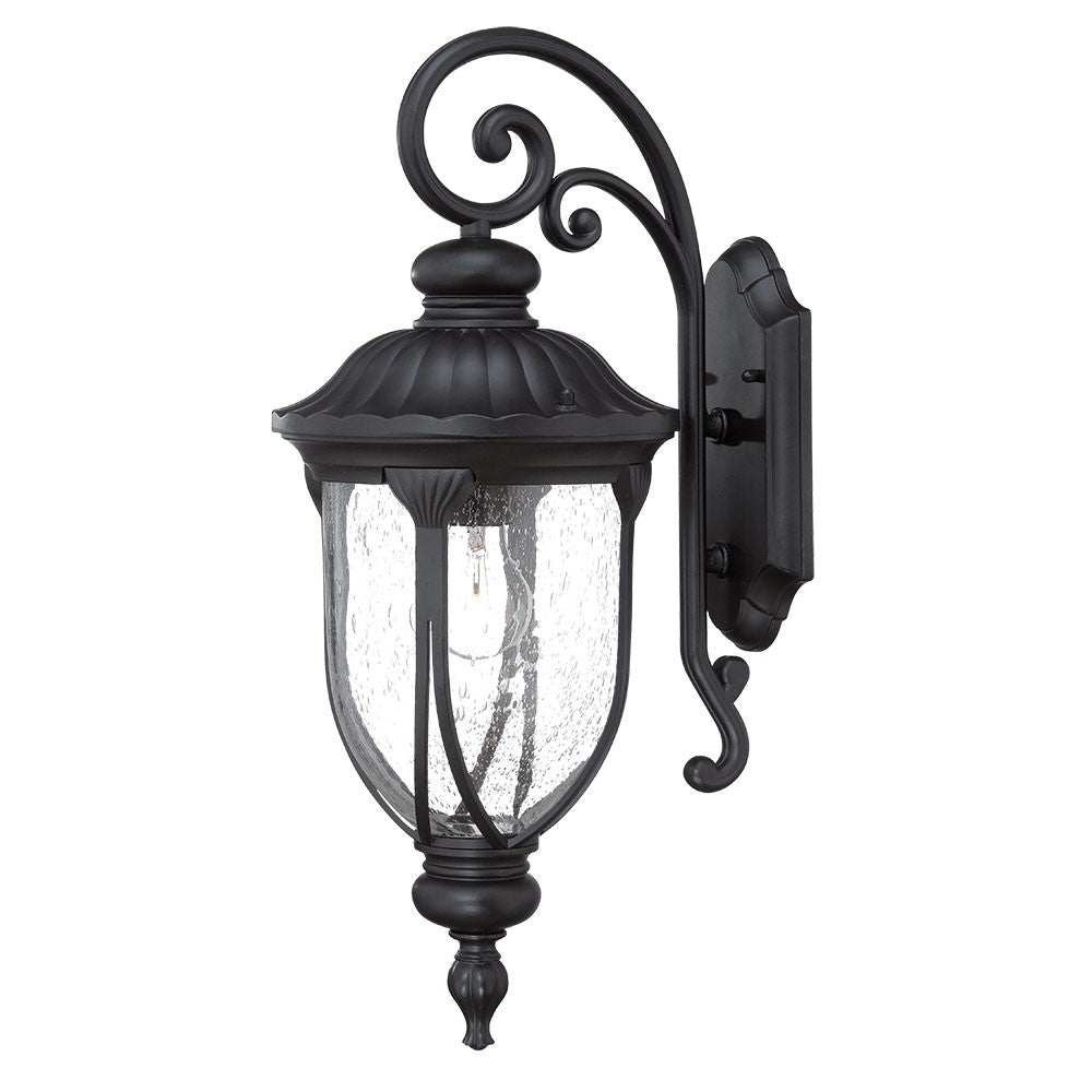 Right side angled view of the XL matte black cast aluminum outdoor hanging lantern wall sconce with clear glass panels