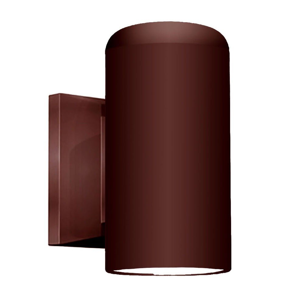 Left side angled view of the lighted Bronze outdoor cylinder wall sconce with minimalist modern design