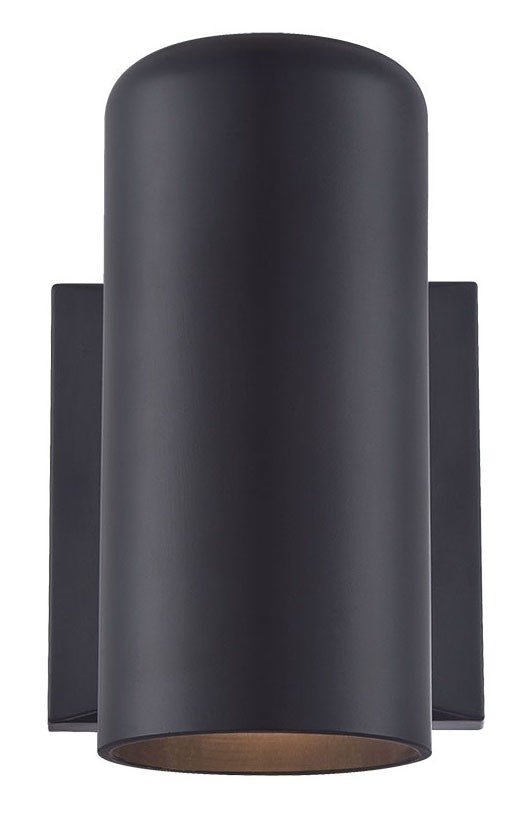 Front view of the lighted Matte black outdoor cylinder wall sconce with minimalist modern design