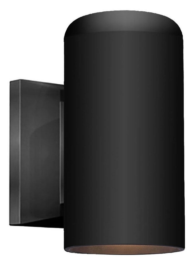 Left side angled view of the lighted Matte black outdoor cylinder wall sconce with minimalist modern design
