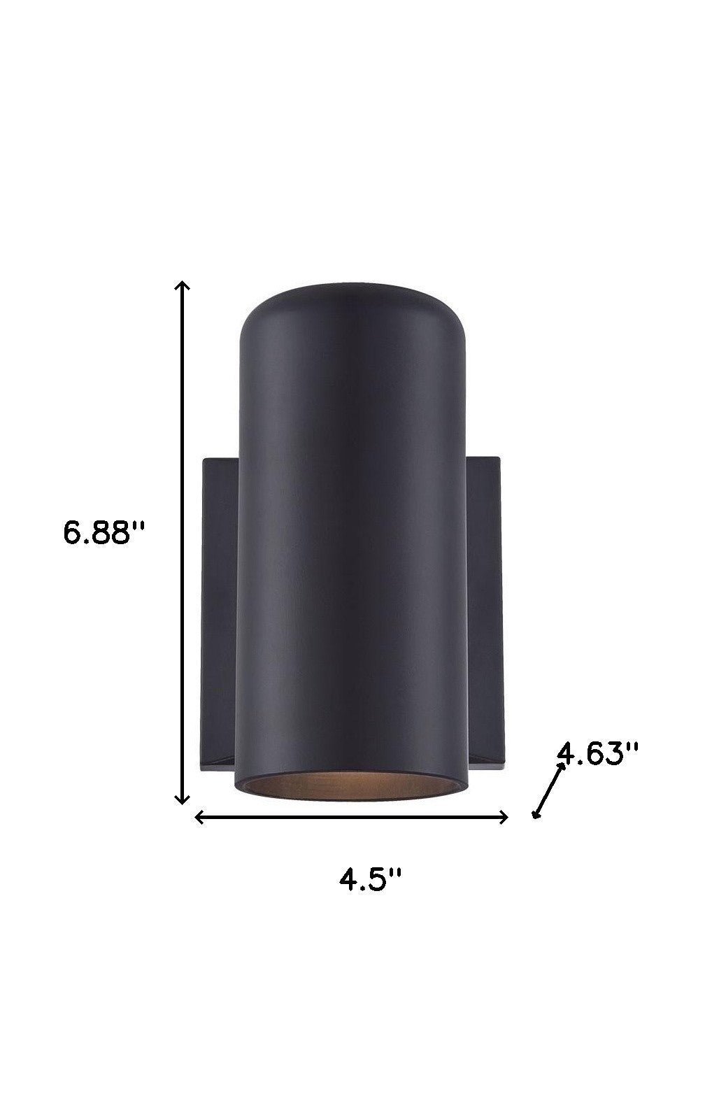 Matte black outdoor cylinder wall sconce with minimalist modern design shown with dimensions of 6 point 88 inches high by 4 point 5 inches wide by 4 point 63 inches deep