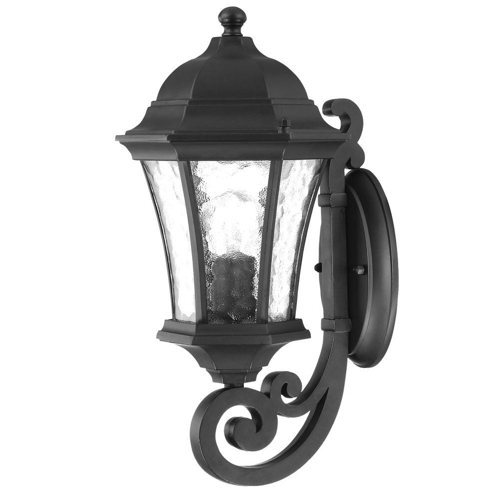 Right side angled view of the Matte black tapered outdoor lantern wall light with hammered glass panels