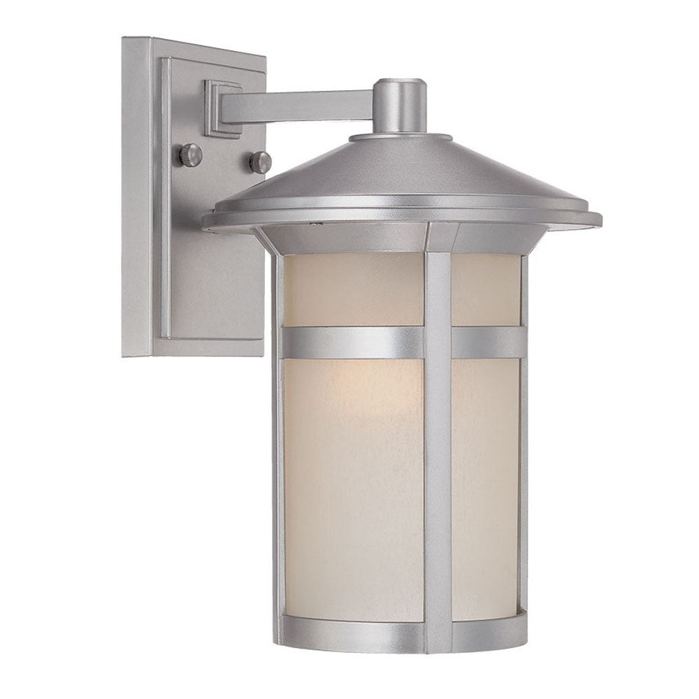 Left side angled view of the lighted Brushed silver outdoor wall light with white Shoji-inspired glass panels