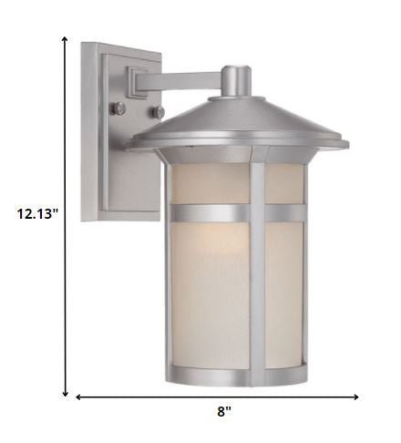 Brushed silver outdoor wall light with white Shoji-inspired glass panels shown with dimensions of 12 point 13 inches high by 8 inches wide