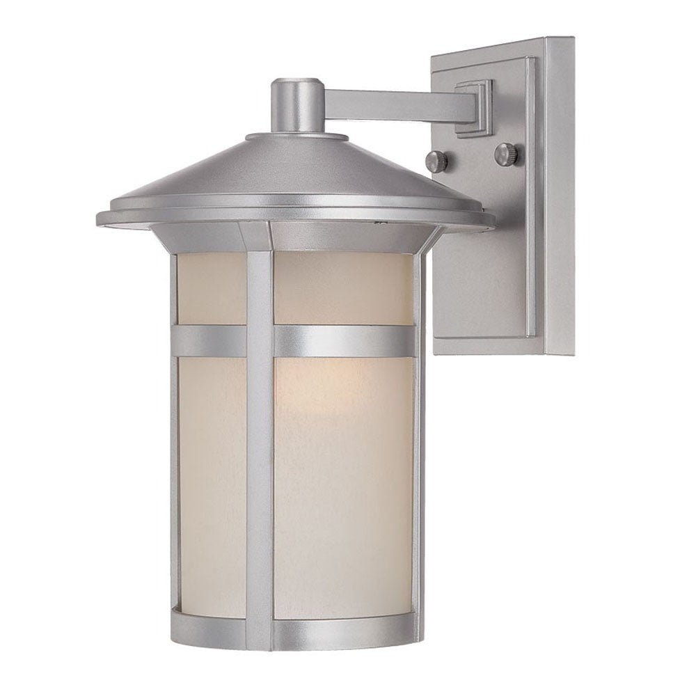 Right side angled view of the lighted Brushed silver outdoor wall light with white Shoji-inspired glass panels