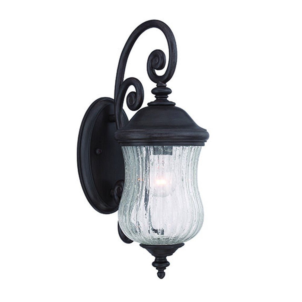 Left side angled view of the lighted Matte Black urn shaped outdoor wall light with raindrop glass globe mounted on wall