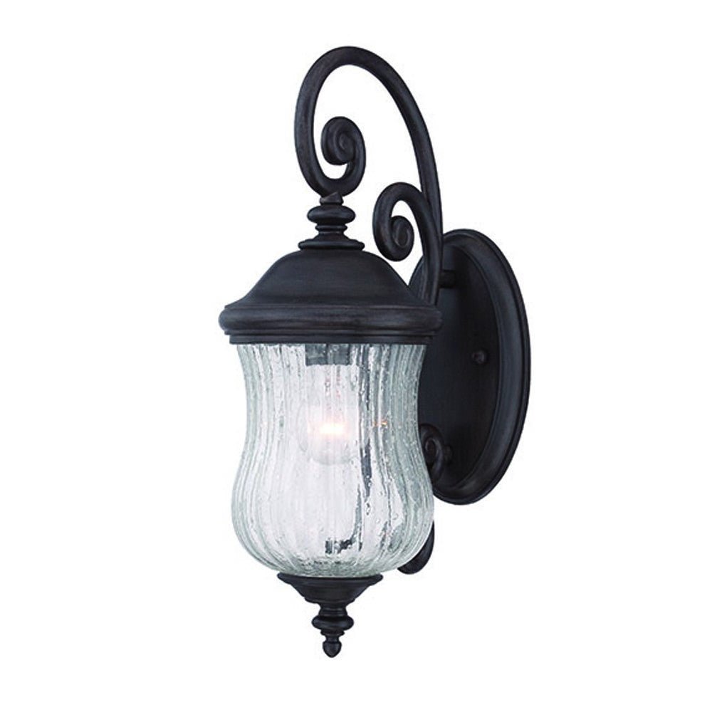 Right side angled view of the lighted Matte Black urn shaped outdoor wall light with raindrop glass globe mounted on wall