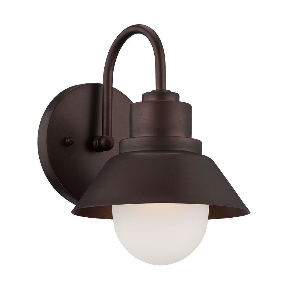Left side angled view of the Bronze outdoor wall light with lamp shade design and frosted glass globe – durable weather-resistant exterior wall lighting fixture.