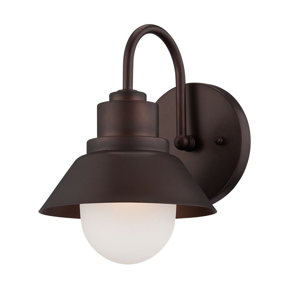 Right side angled view of the Bronze outdoor wall light with lamp shade design and frosted glass globe – durable weather-resistant exterior wall lighting fixture.