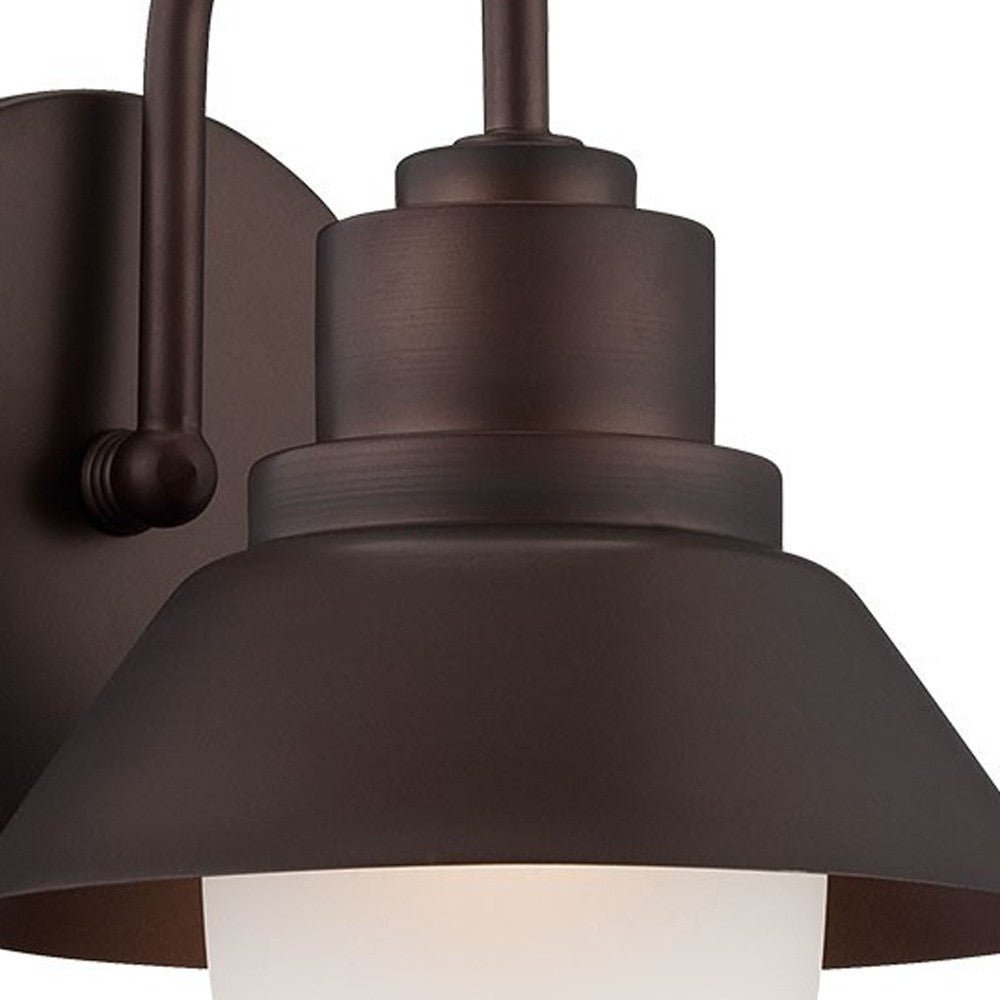 Zoomed in view of the shade on the Bronze outdoor wall light with lamp shade design and frosted glass globe – durable weather-resistant exterior wall lighting fixture.