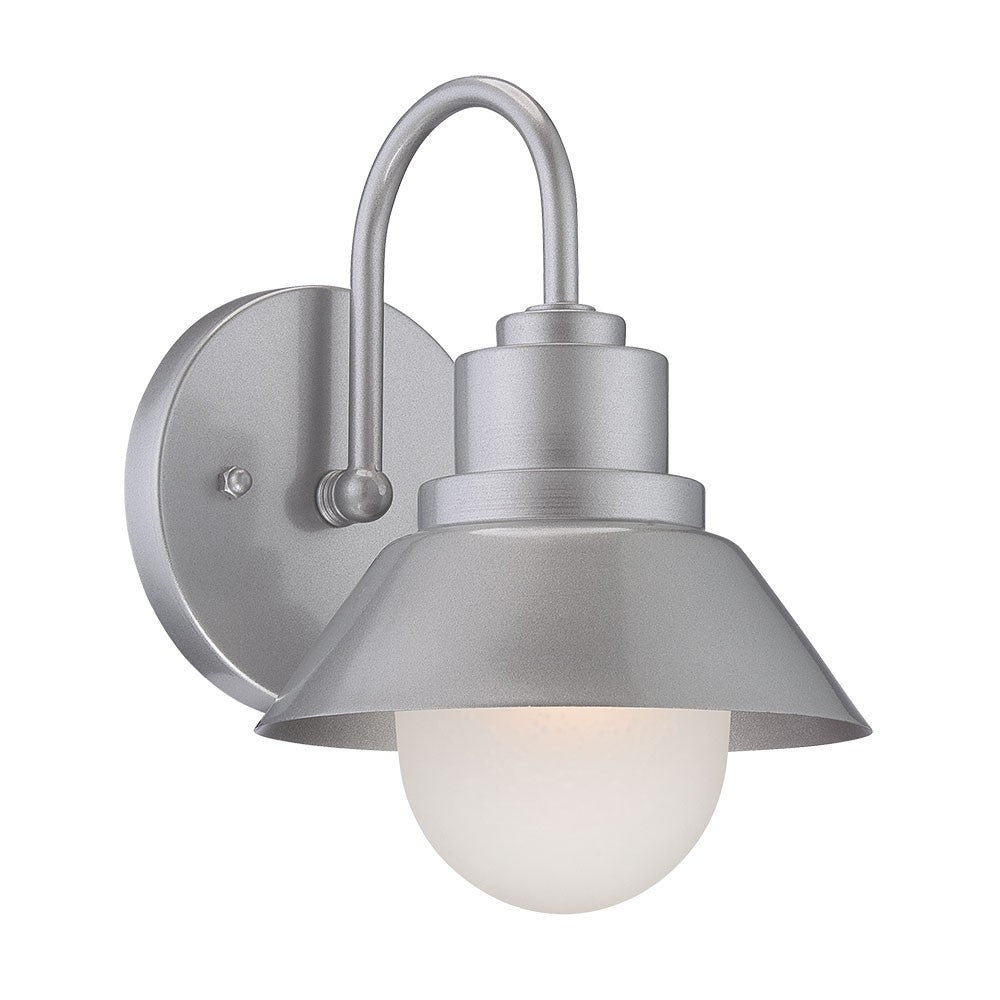Left side angled view of the lighted Brushed silver outdoor wall light with lamp shade design and frosted glass globe – modern weather-resistant steel exterior wall lighting fixture.