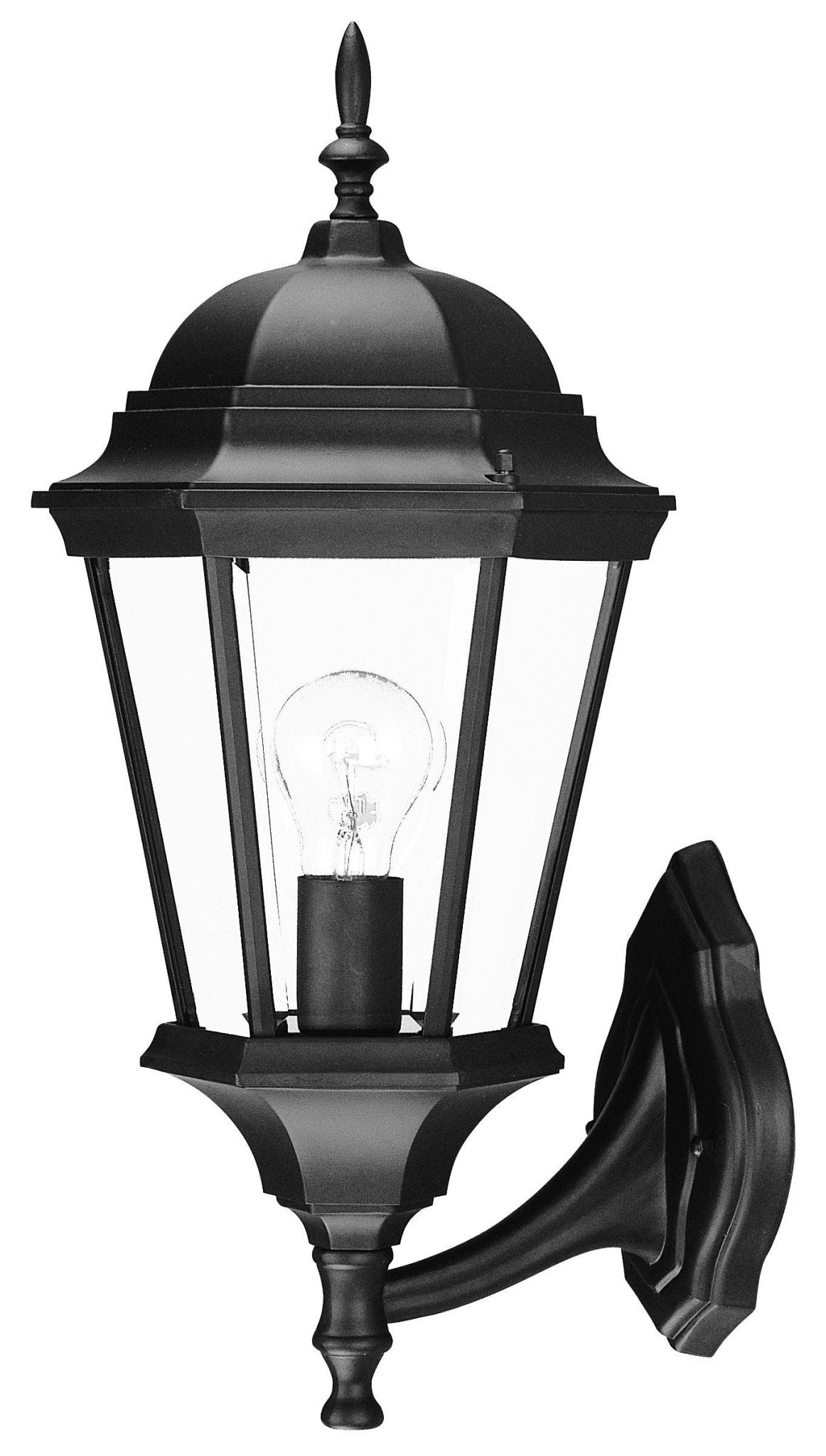 Right side angled view of the Matte black swing arm outdoor lantern wall light with clear glass – classic adjustable exterior wall lighting for entryways, porches, and patios.