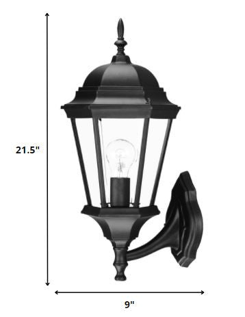 Matte black swing arm outdoor lantern wall light with clear glass – classic adjustable exterior wall lighting for entryways, porches, and patios shown with dimensions of 21 point 5 inches high by 9 inches wide