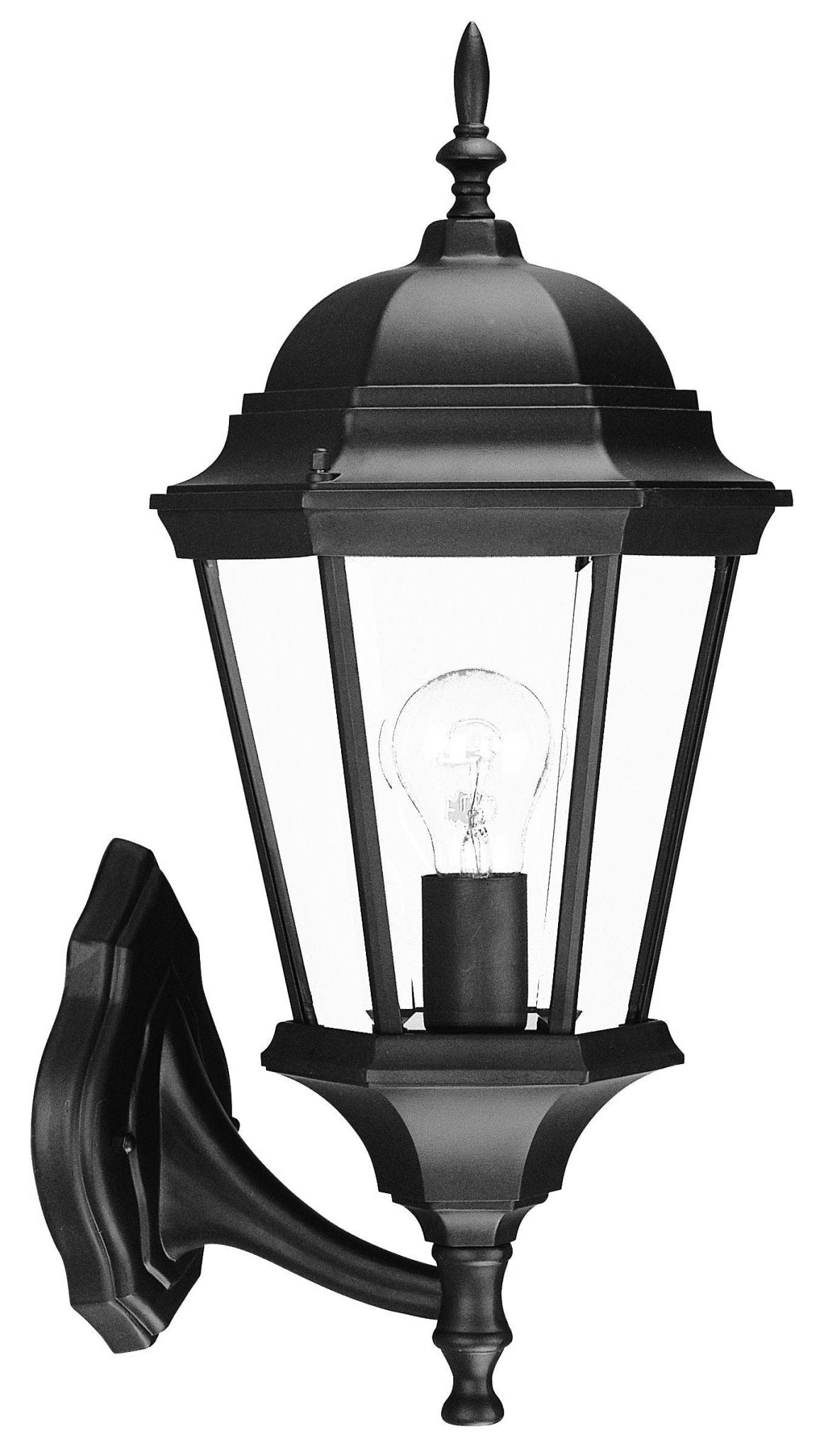 Left side angled view of the Matte black swing arm outdoor lantern wall light with clear glass – classic adjustable exterior wall lighting for entryways, porches, and patios.