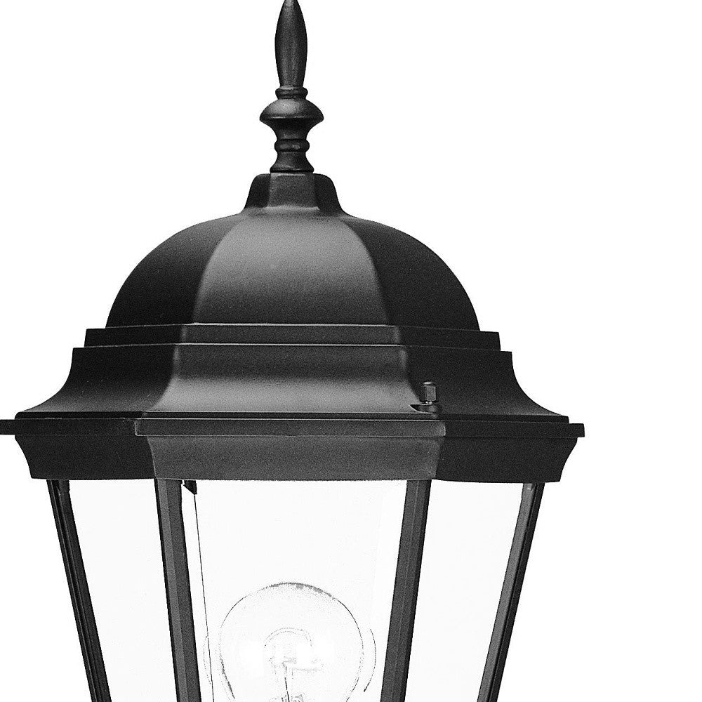 Zoomed in view of the lantern top of the Matte black swing arm outdoor lantern wall light with clear glass – classic adjustable exterior wall lighting for entryways, porches, and patios.