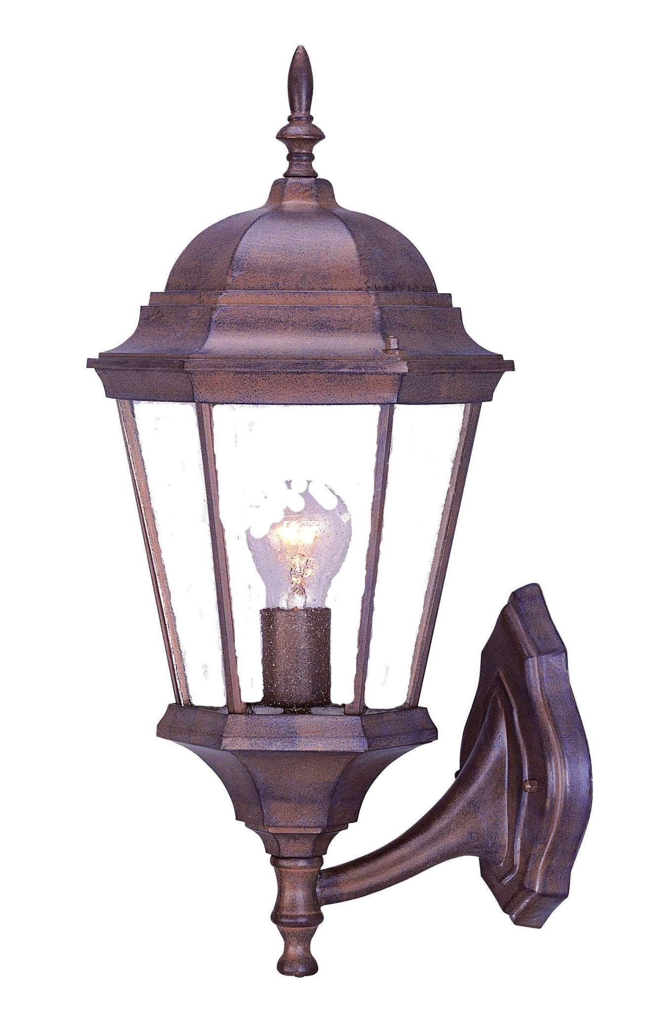 Right side angled view of the lighted Dark brown swing arm outdoor lantern wall light with clear glass and dome top – classic exterior wall lighting for patios and entryways.