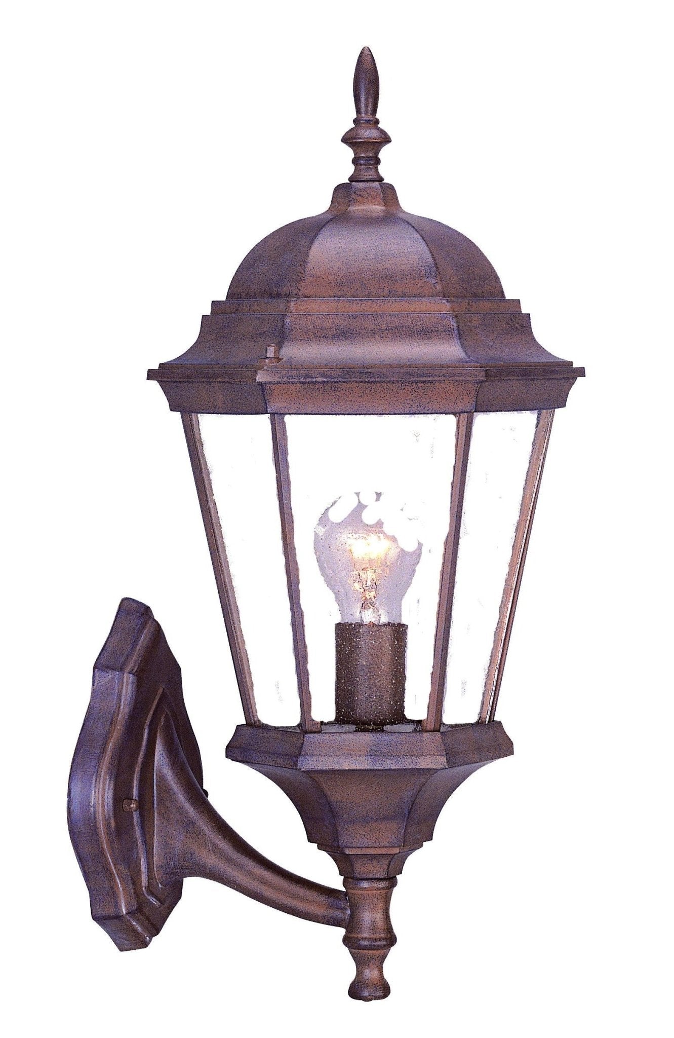 Left side angled view of the lighted Dark brown swing arm outdoor lantern wall light with clear glass and dome top – classic exterior wall lighting for patios and entryways.