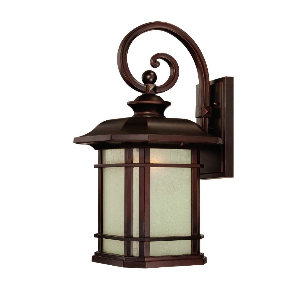 Right side angled view of the lighted Somerset bronze outdoor wall light with frosted glass – Craftsman lantern design for porch, patio, or entryway.