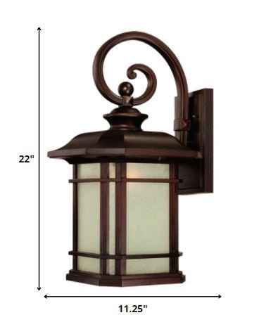 Somerset bronze outdoor wall light with frosted glass – Craftsman lantern design for porch, patio, or entryway shown with dimensions of 22 inches high by 11 point 25 inches wide