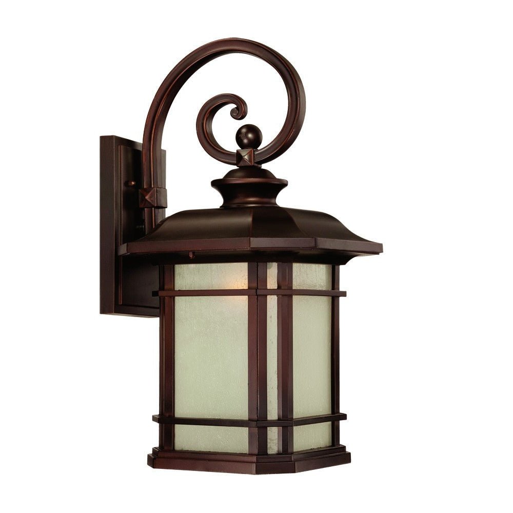Left side angled view of the lighted Somerset bronze outdoor wall light with frosted glass – Craftsman lantern design for porch, patio, or entryway.
