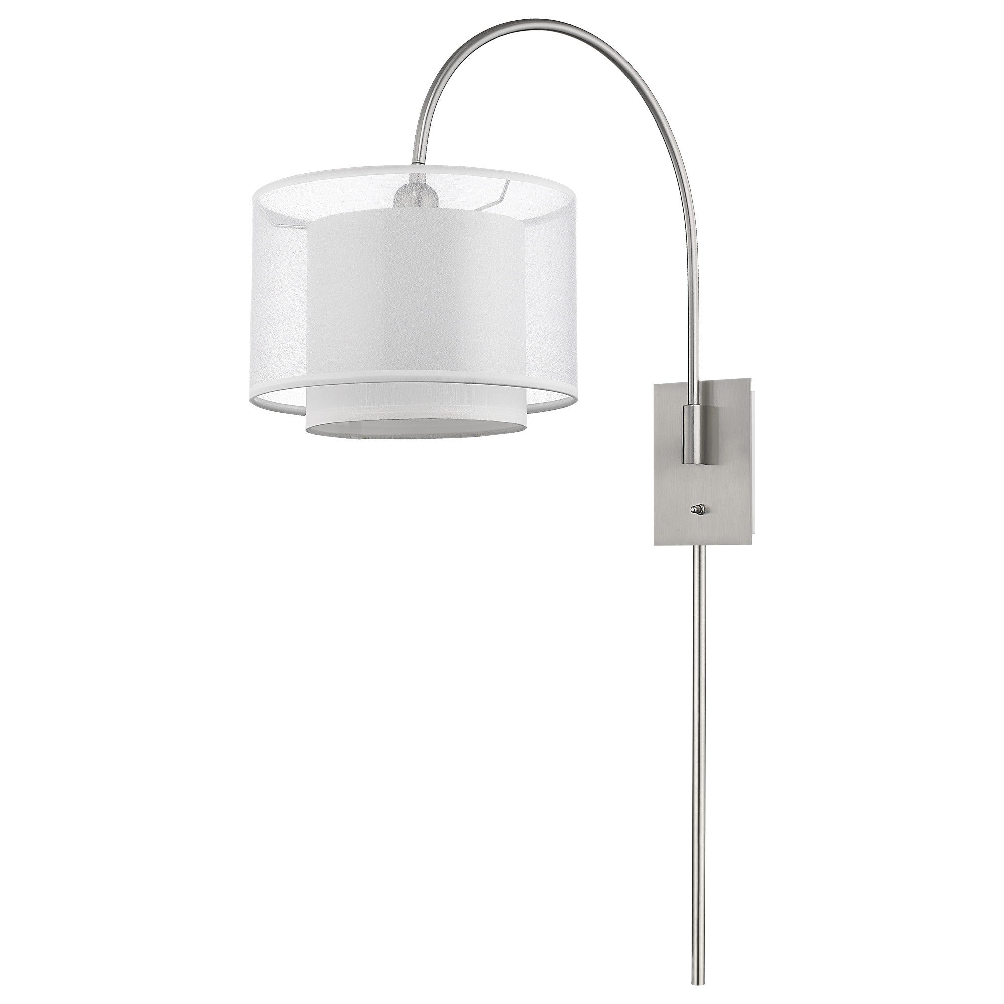 Right side angled view of the Brella brushed nickel swivel wall lamp with two-tier fabric shade – modern adjustable wall lighting.