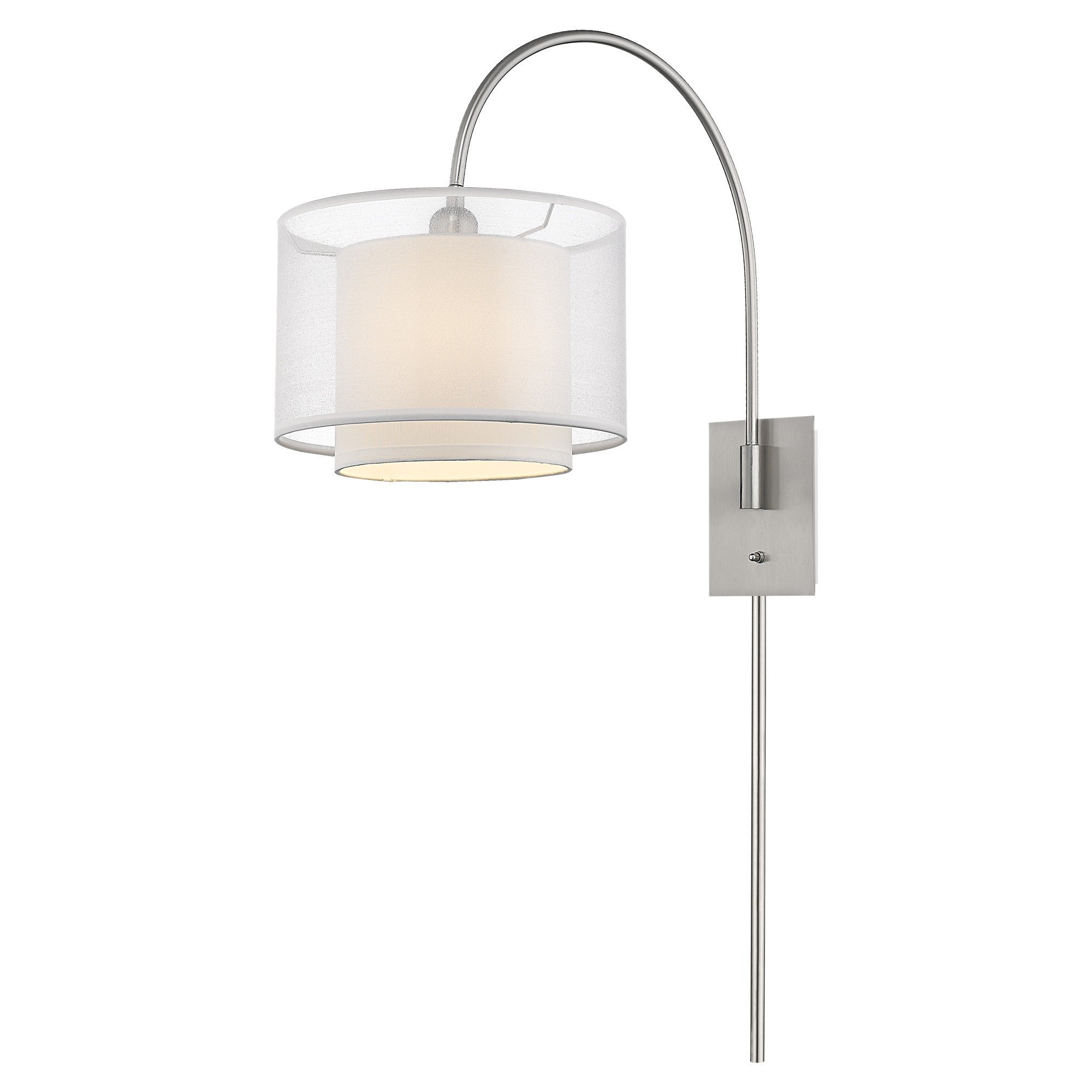 Right side angled view of the lighted Brella brushed nickel swivel wall lamp with two-tier fabric shade – modern adjustable wall lighting.