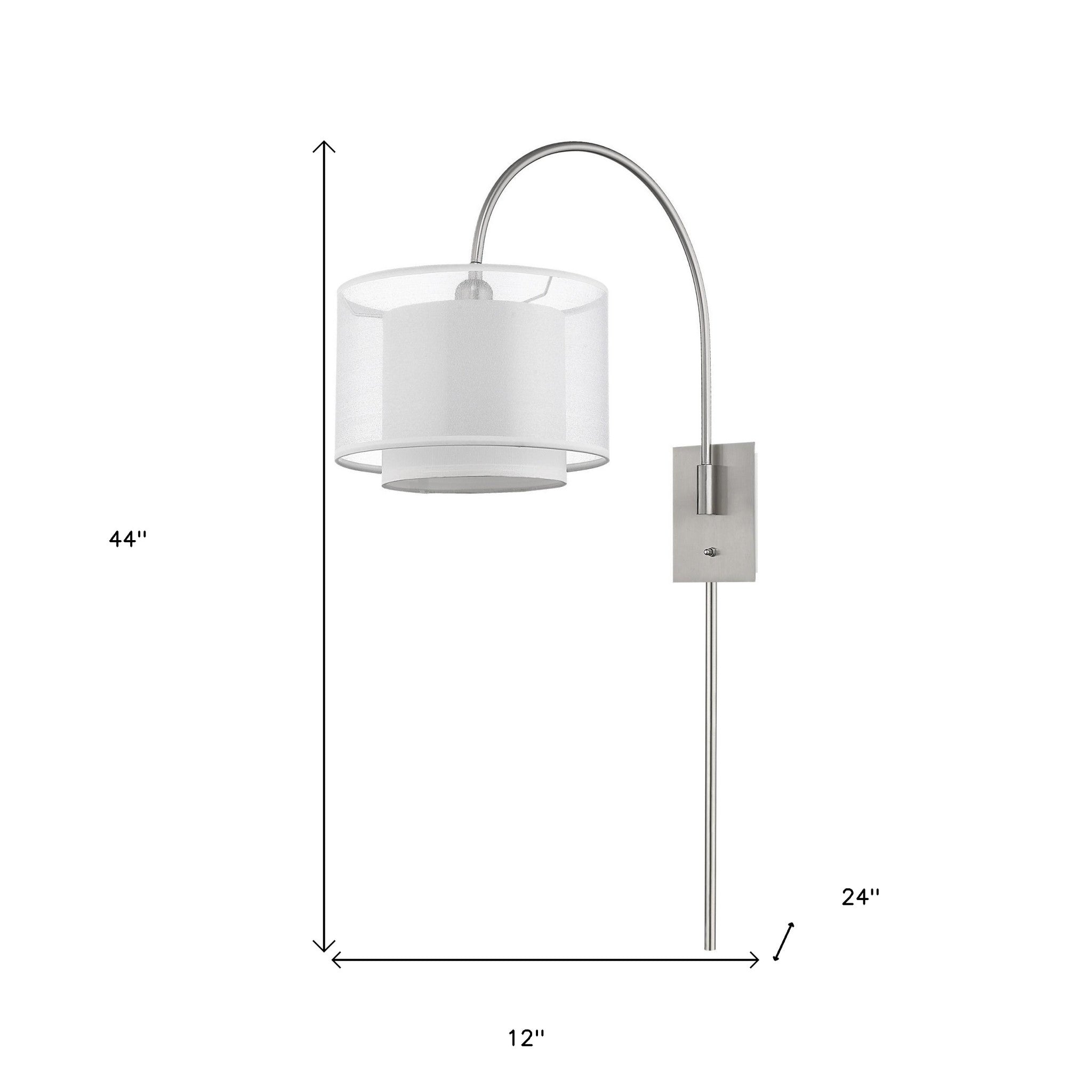 Brella brushed nickel swivel wall lamp with two-tier fabric shade – modern adjustable wall lighting shown with dimensions of 44 inches high by 12 inches wide by 24 inches deep