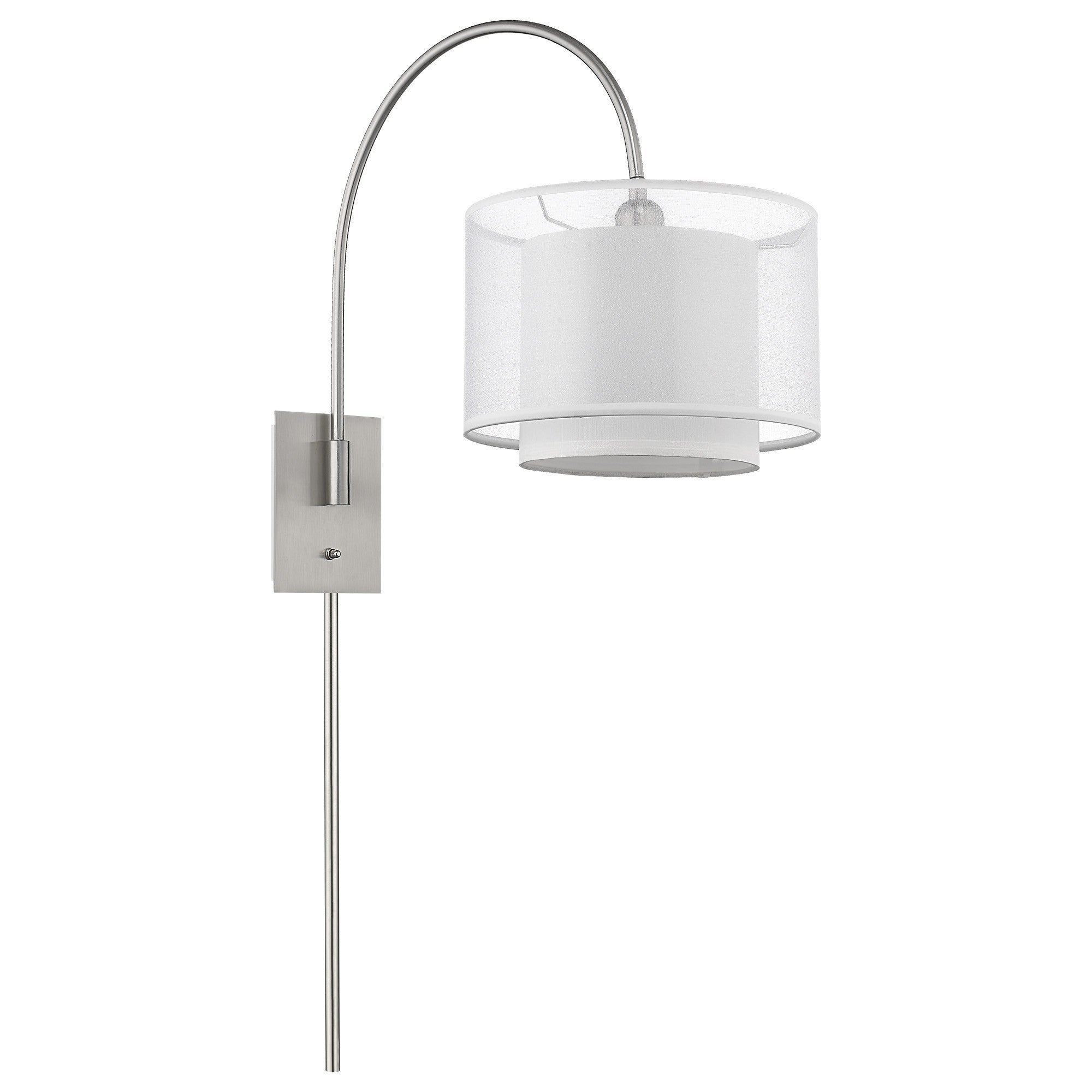 Left side angled view of the Brella brushed nickel swivel wall lamp with two-tier fabric shade – modern adjustable wall lighting.
