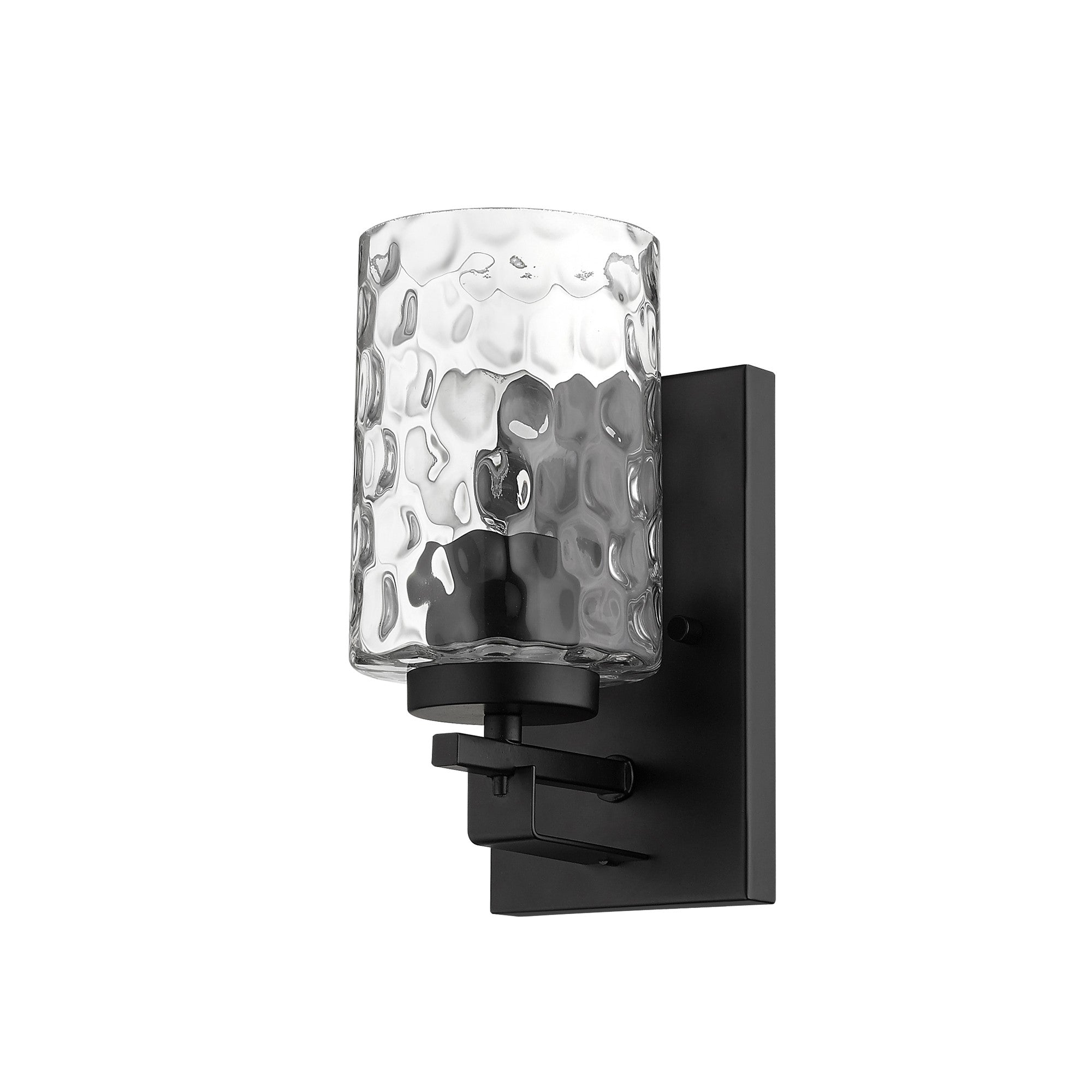 Right side angle view of the Black metal wall sconce with pebbled glass shade – modern indoor single-light fixture.