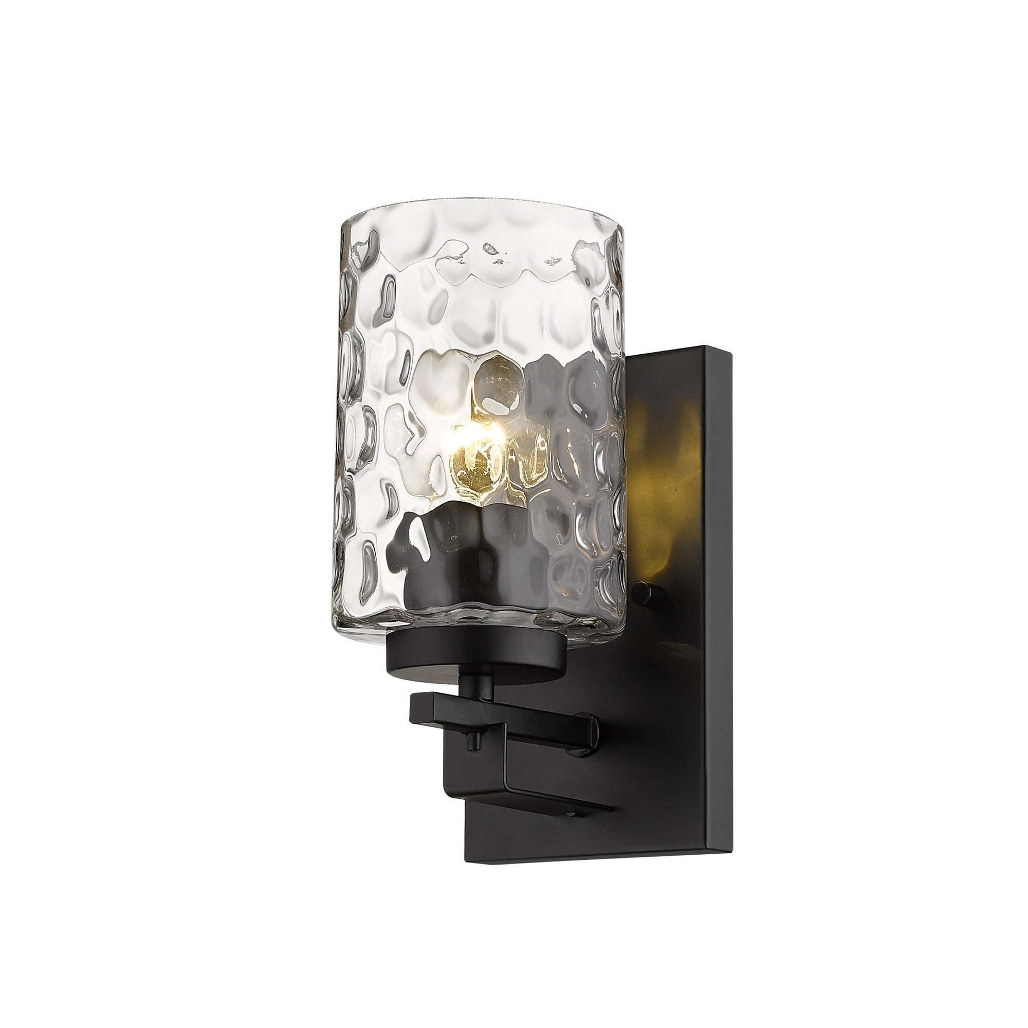Right side angle view of the lighted Black metal wall sconce with pebbled glass shade – modern indoor single-light fixture.