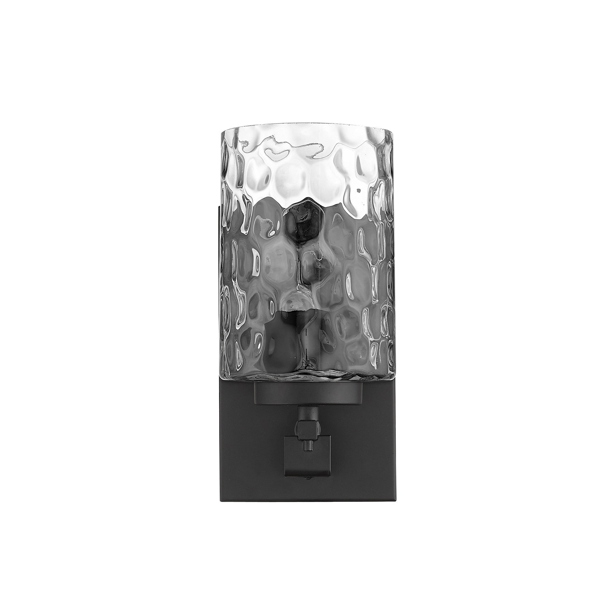 Front view of the Black metal wall sconce with pebbled glass shade – modern indoor single-light fixture.