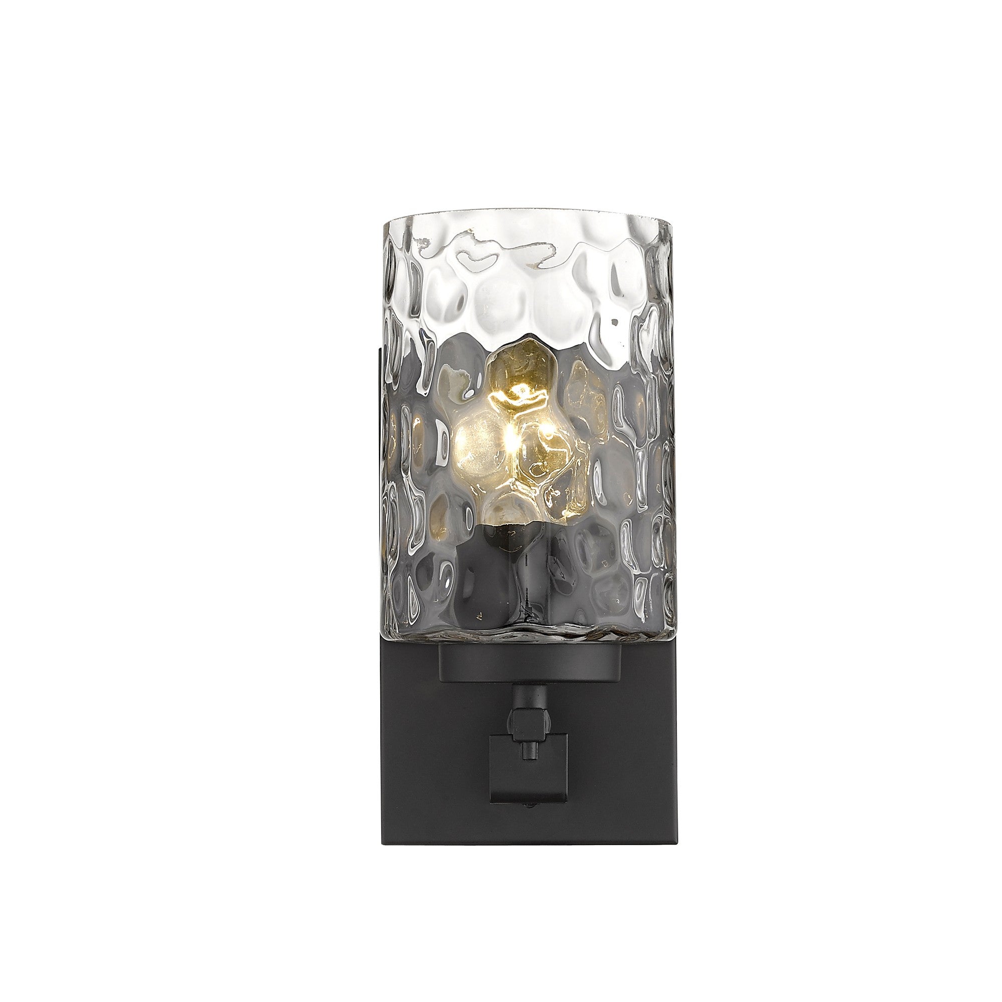 Front view of the lighted Black metal wall sconce with pebbled glass shade – modern indoor single-light fixture.