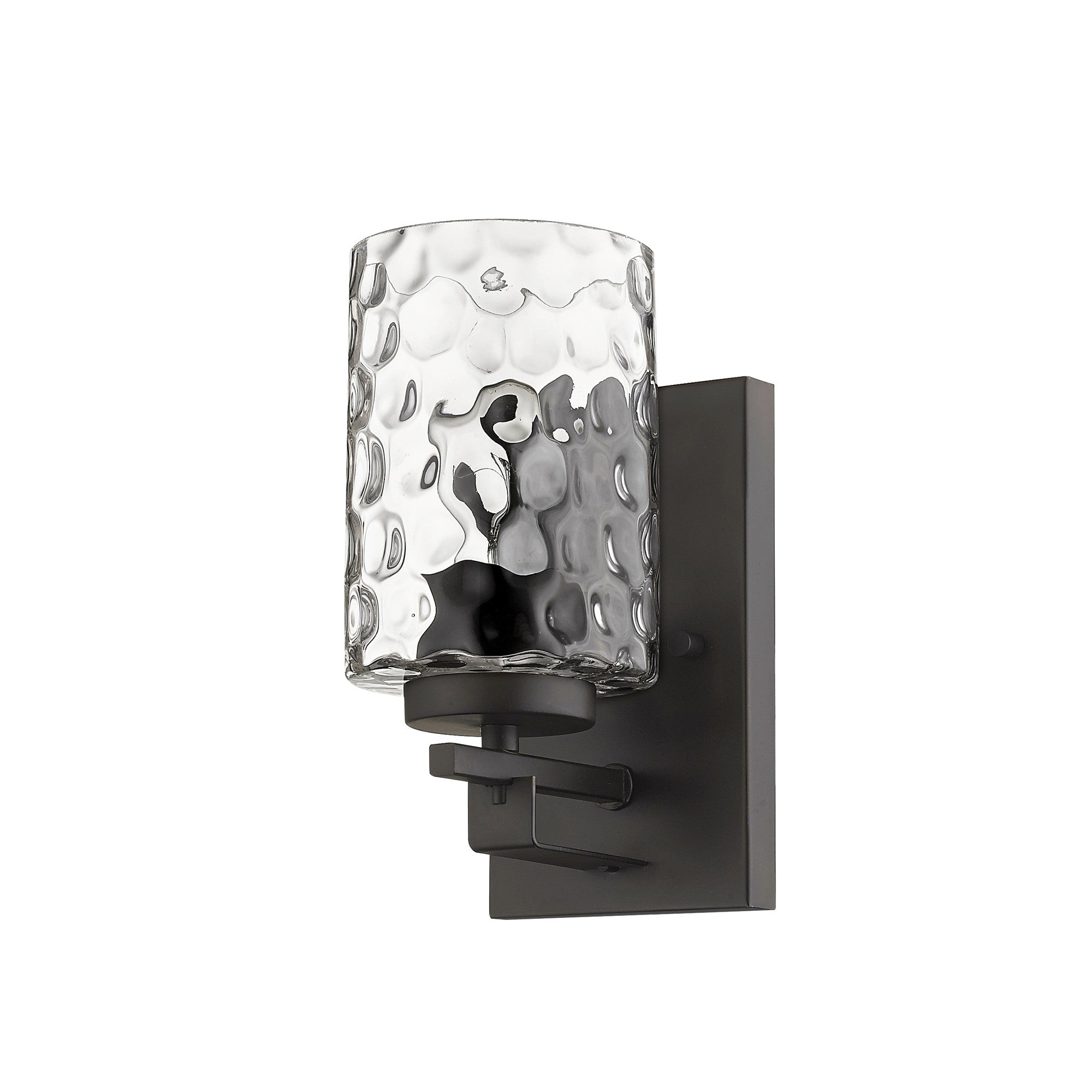 Right side angle view of the Bronze metal wall sconce with pebbled glass shade – modern indoor single-light fixture.
