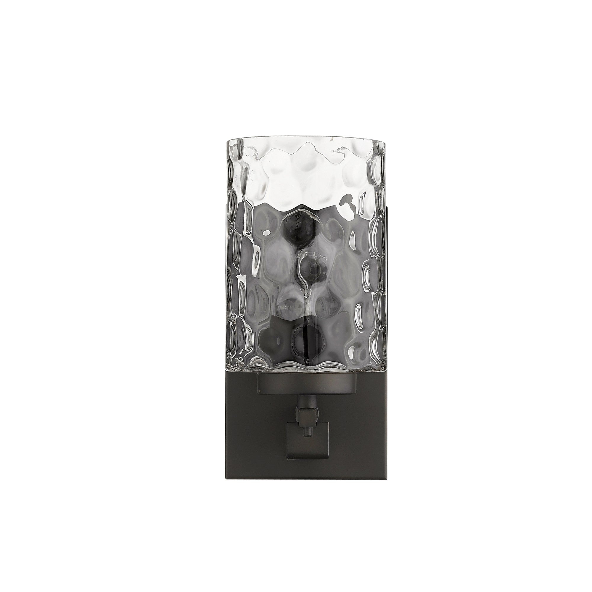Front view of the Bronze metal wall sconce with pebbled glass shade – modern indoor single-light fixture.