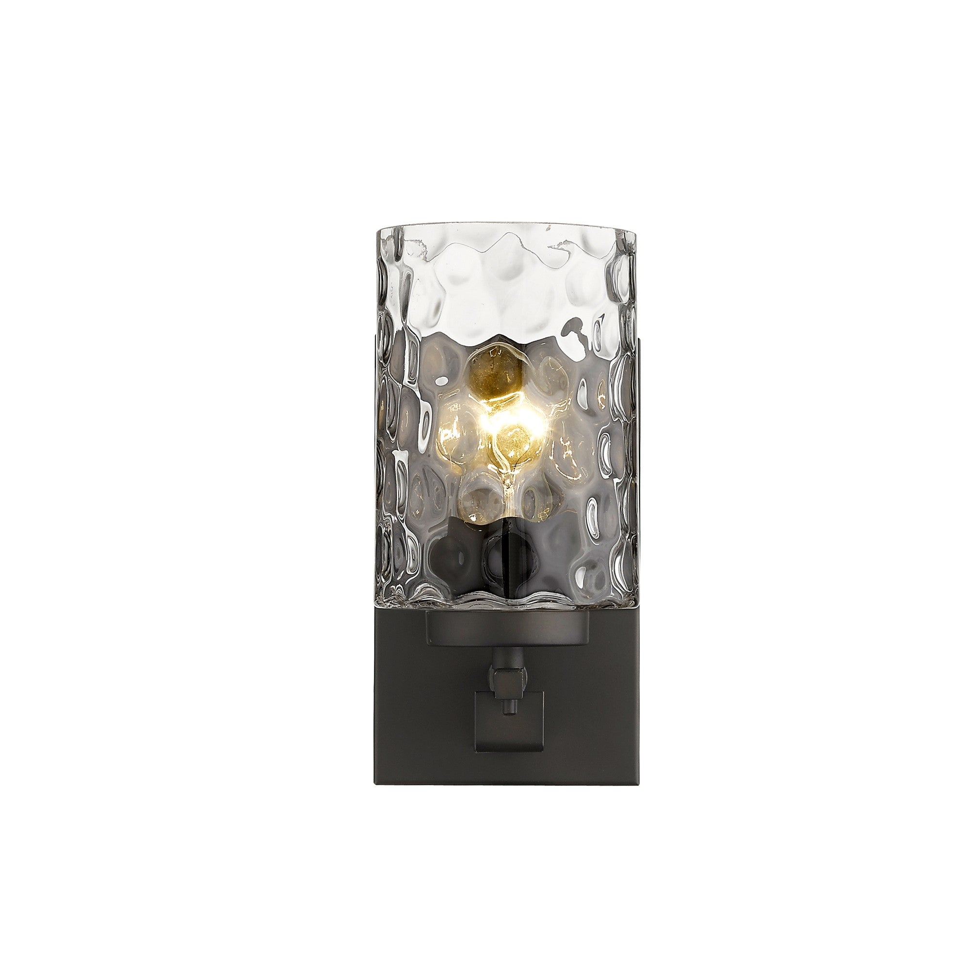Front view of the lighted Bronze metal wall sconce with pebbled glass shade – modern indoor single-light fixture.