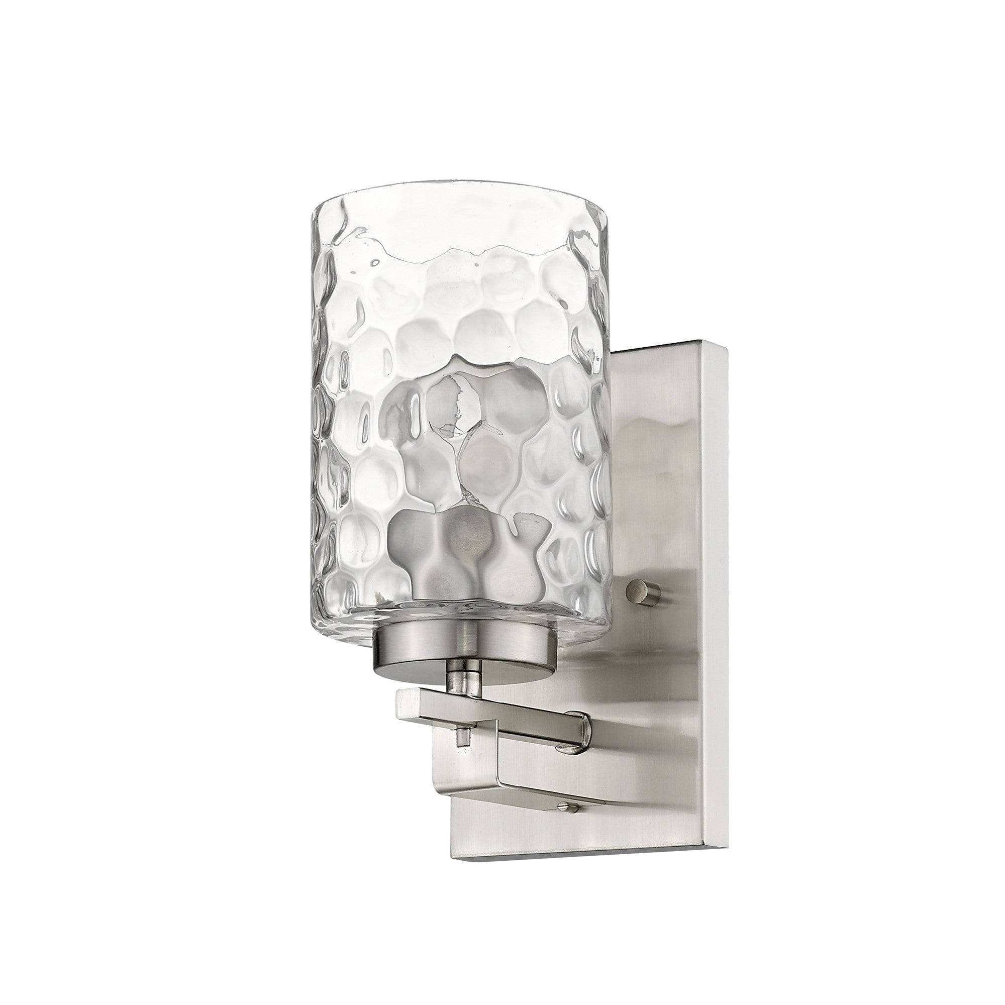 Right side angled view of the Silver metal wall sconce with pebbled glass shade – modern indoor single-light fixture.