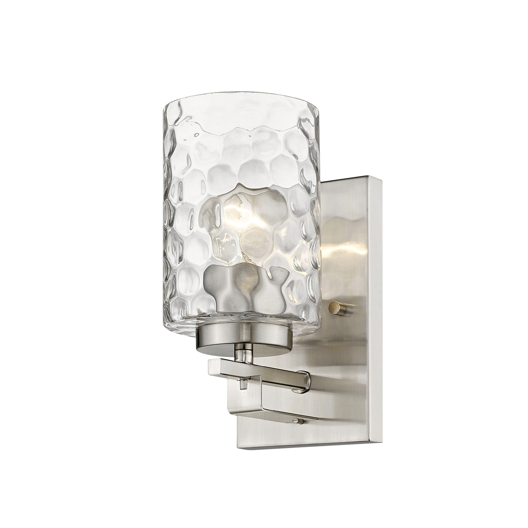 Right side angled view of the lighted Silver metal wall sconce with pebbled glass shade – modern indoor single-light fixture.
