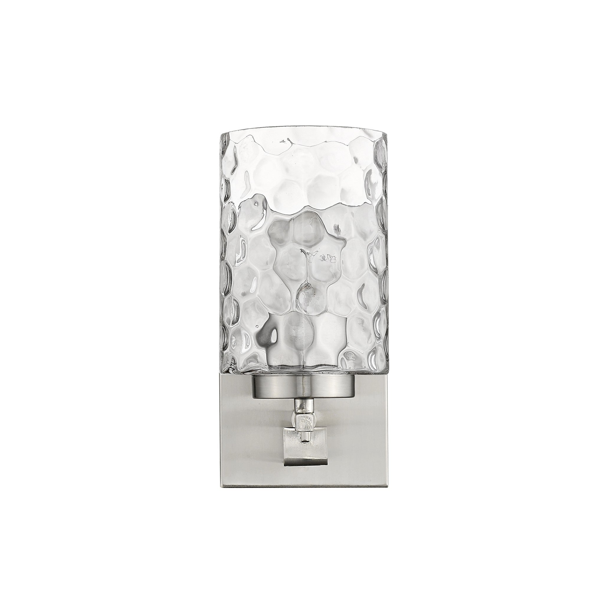 Front view of the Silver metal wall sconce with pebbled glass shade – modern indoor single-light fixture.