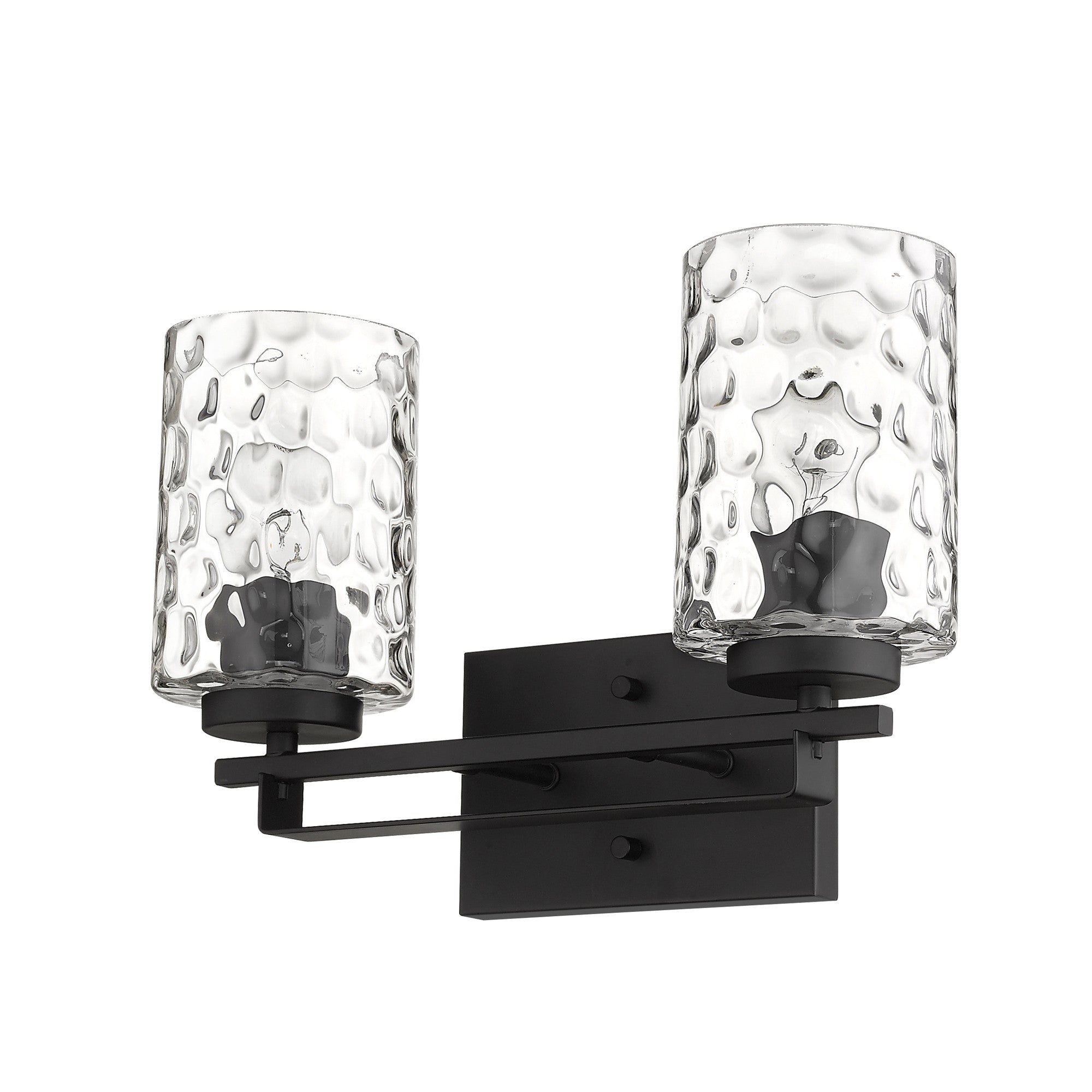 Bottom right right side angle view of the Black metal two-light wall sconce with pebbled glass shades – modern indoor lighting fixture.
