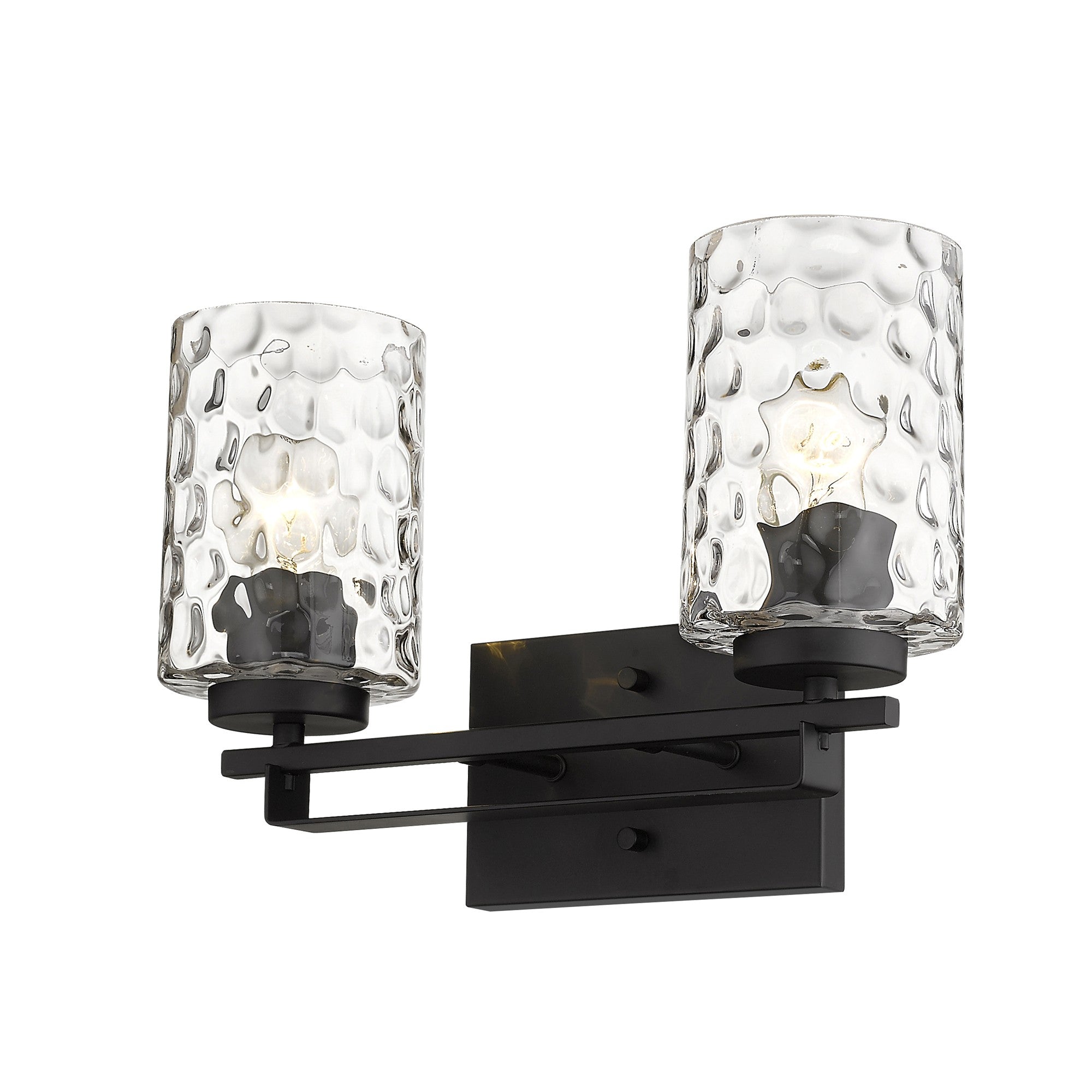 Bottom up right side angle view of the lighted Black metal two-light wall sconce with pebbled glass shades – modern indoor lighting fixture.