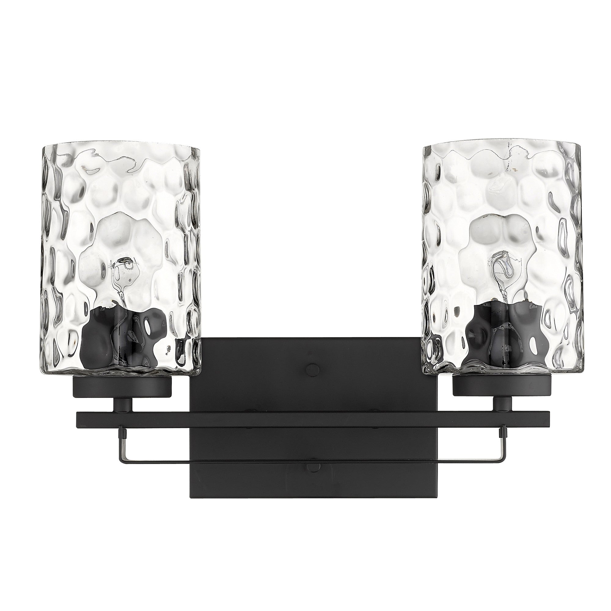Front view of the Black metal two-light wall sconce with pebbled glass shades – modern indoor lighting fixture.