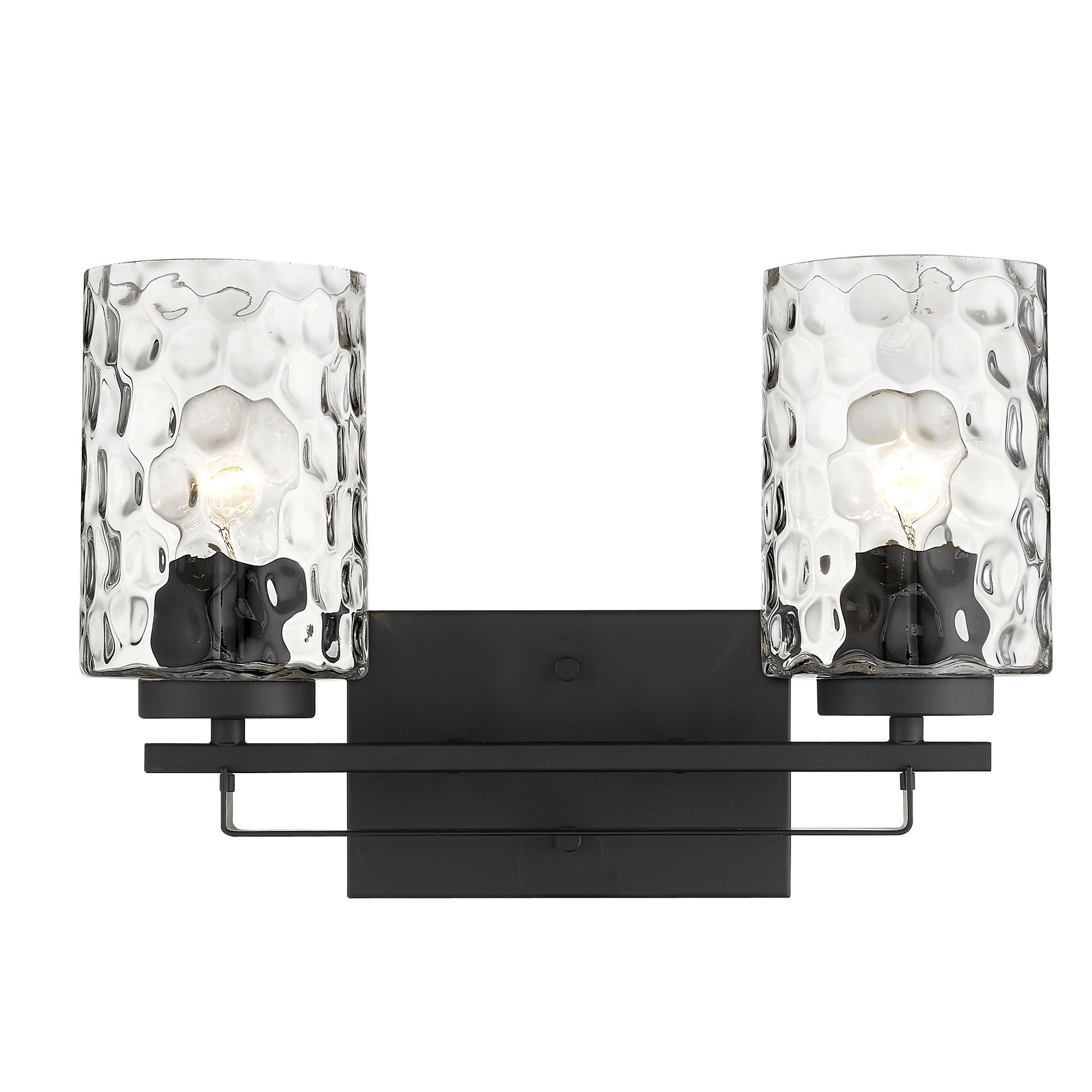 Front view of the lighted Black metal two-light wall sconce with pebbled glass shades – modern indoor lighting fixture.