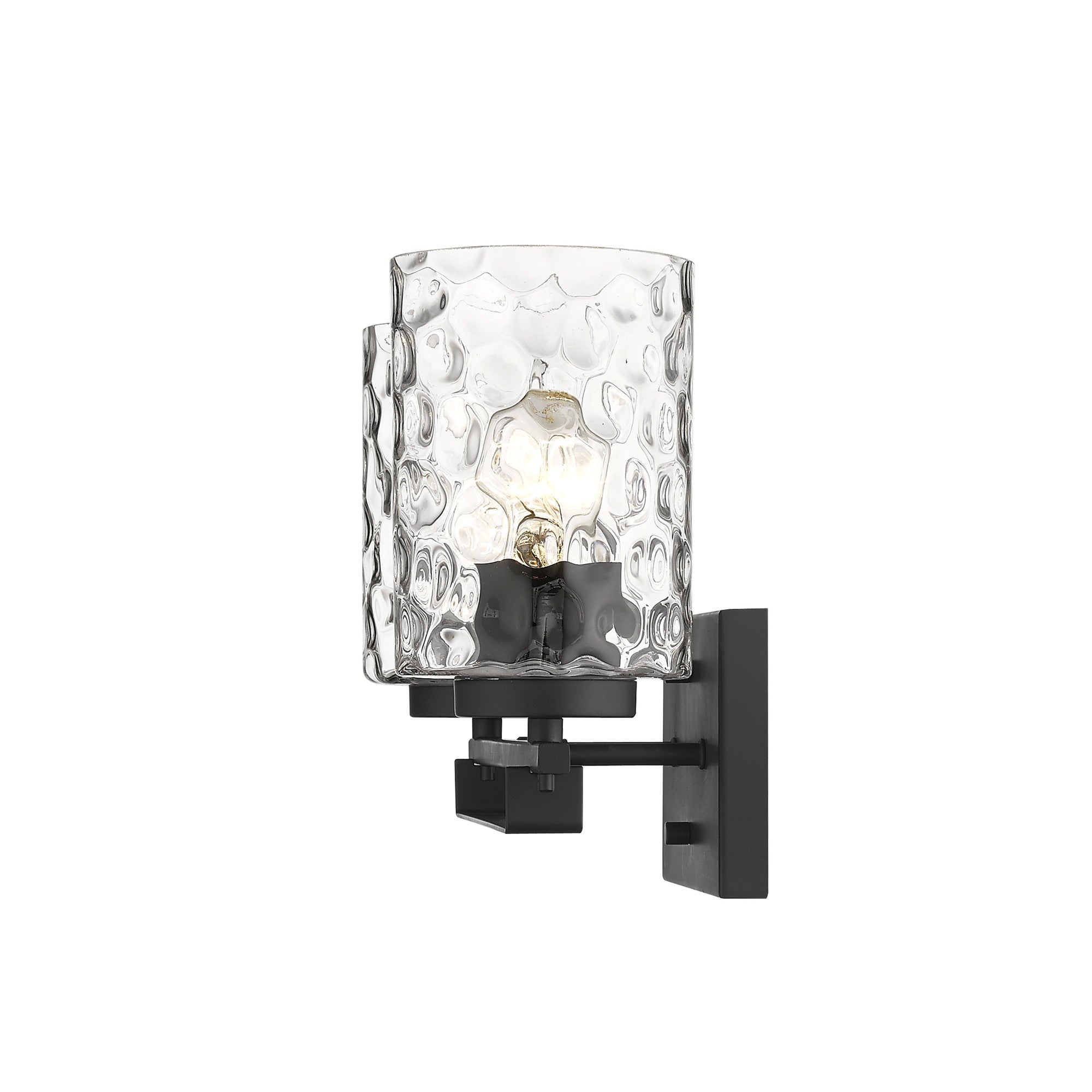Side view of the lighted Black metal two-light wall sconce with pebbled glass shades – modern indoor lighting fixture.