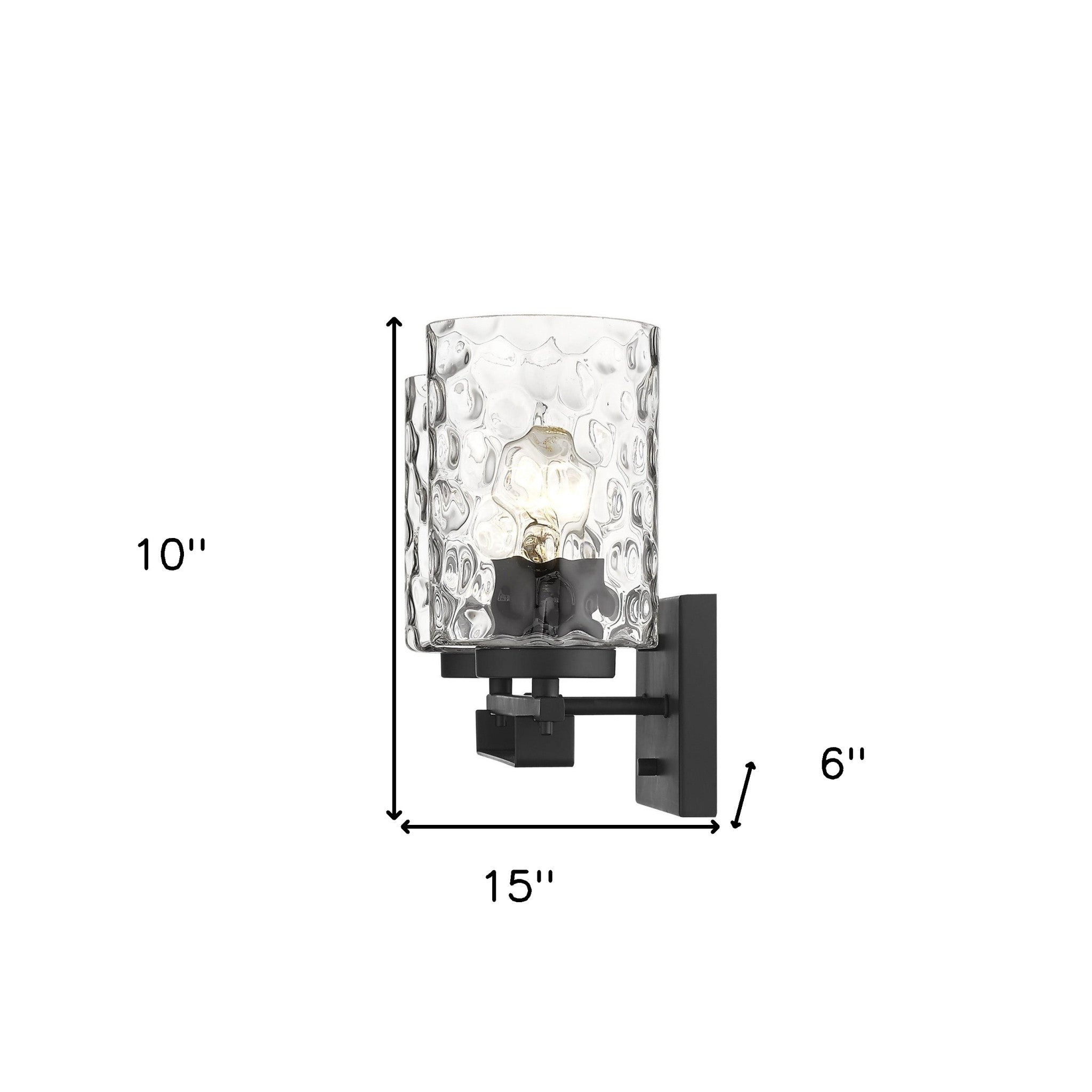 Black metal two-light wall sconce with pebbled glass shades – modern indoor lighting fixture shown with dimensions of 10 inches high by 15 inches wide by 6 inches deep