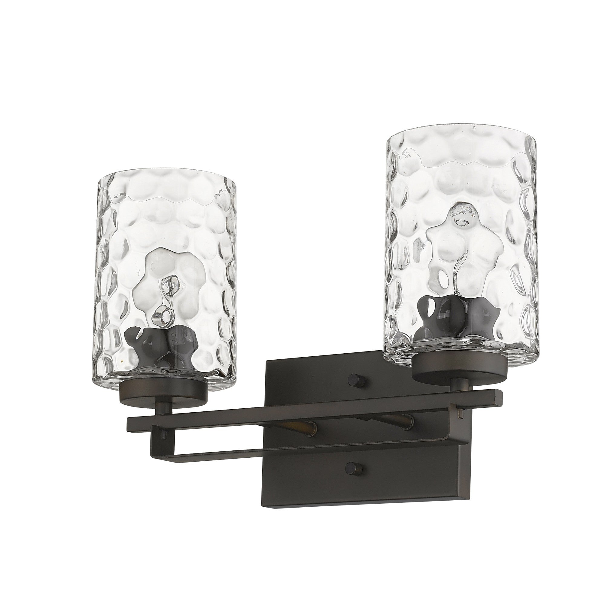 Bottom up right angle view of the Bronze metal two-light wall sconce with pebbled glass shades – modern indoor lighting fixture.